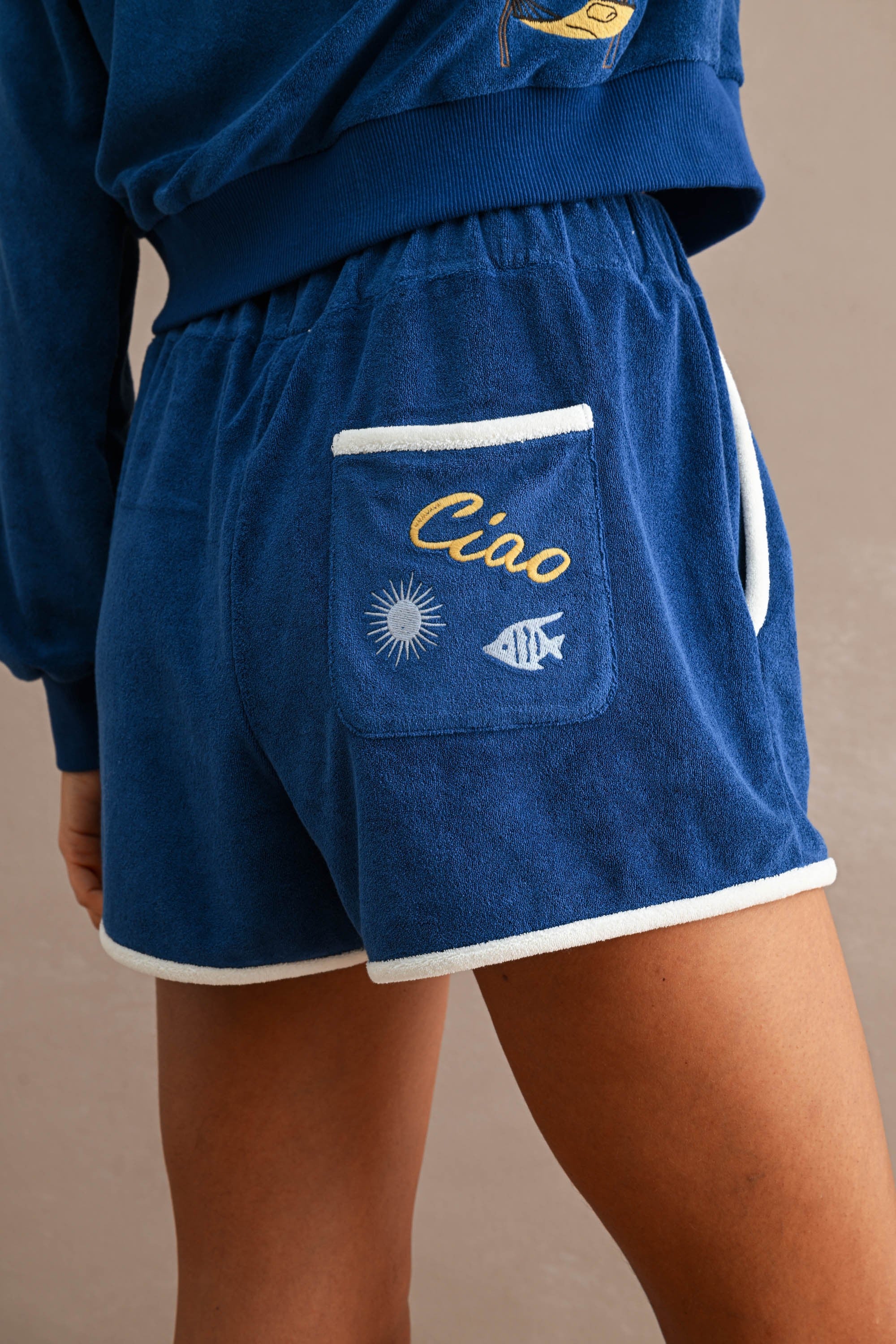 Embroidered Terry Crop Hoodie and Shorts Set