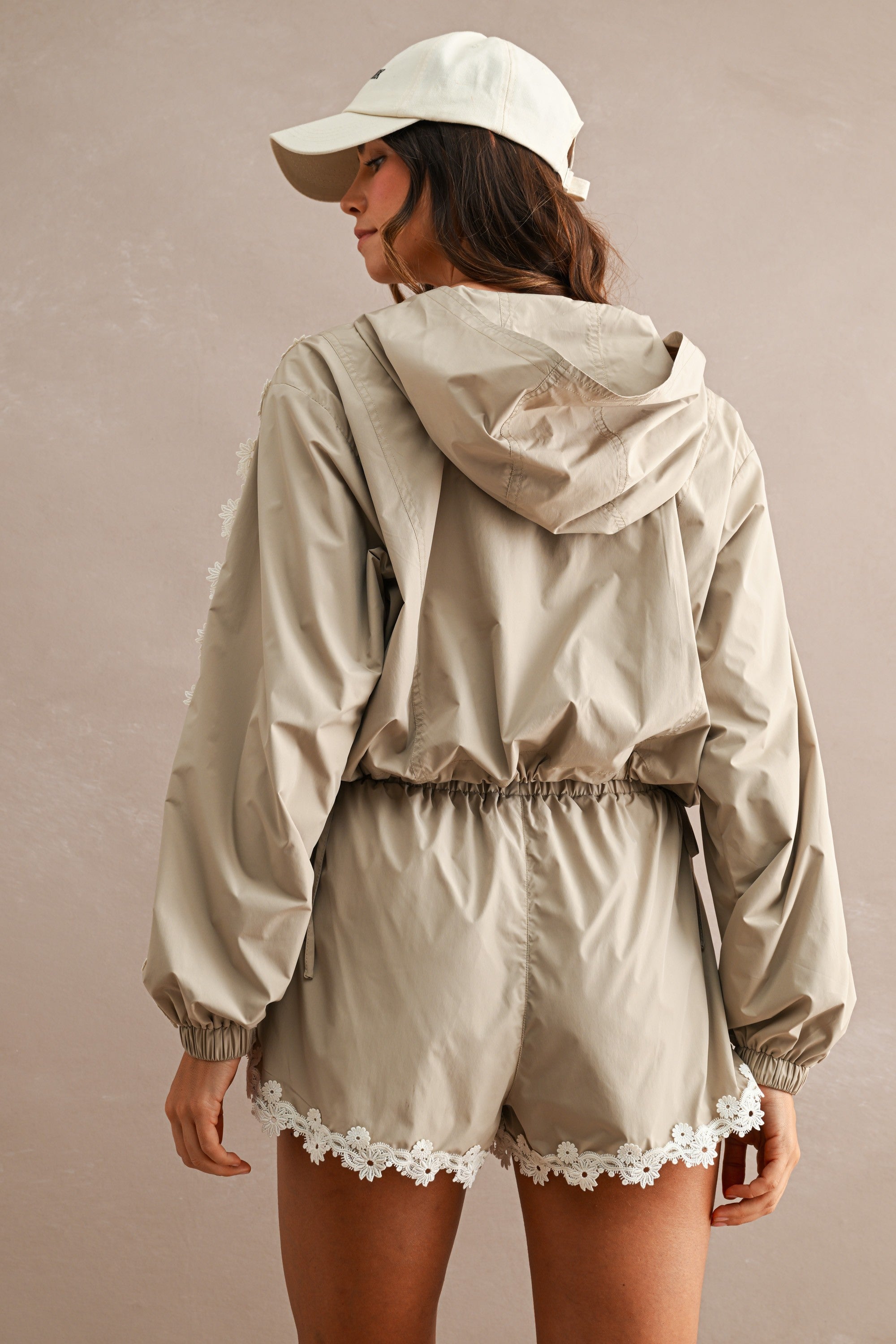 Cream Floral Windbreaker and Shorts Set