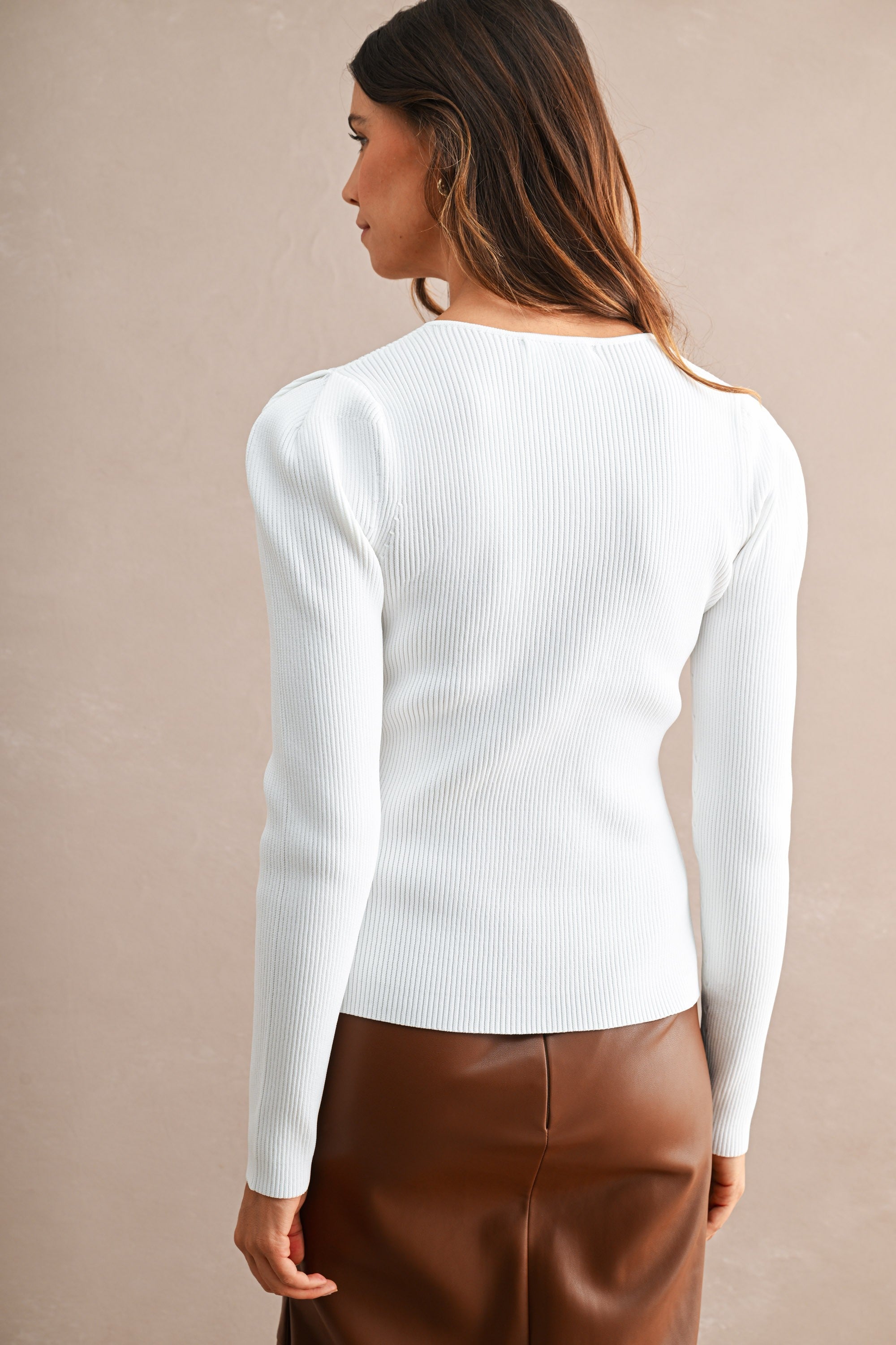 Puff Long Sleeve Ribbed Button Front Knit Top