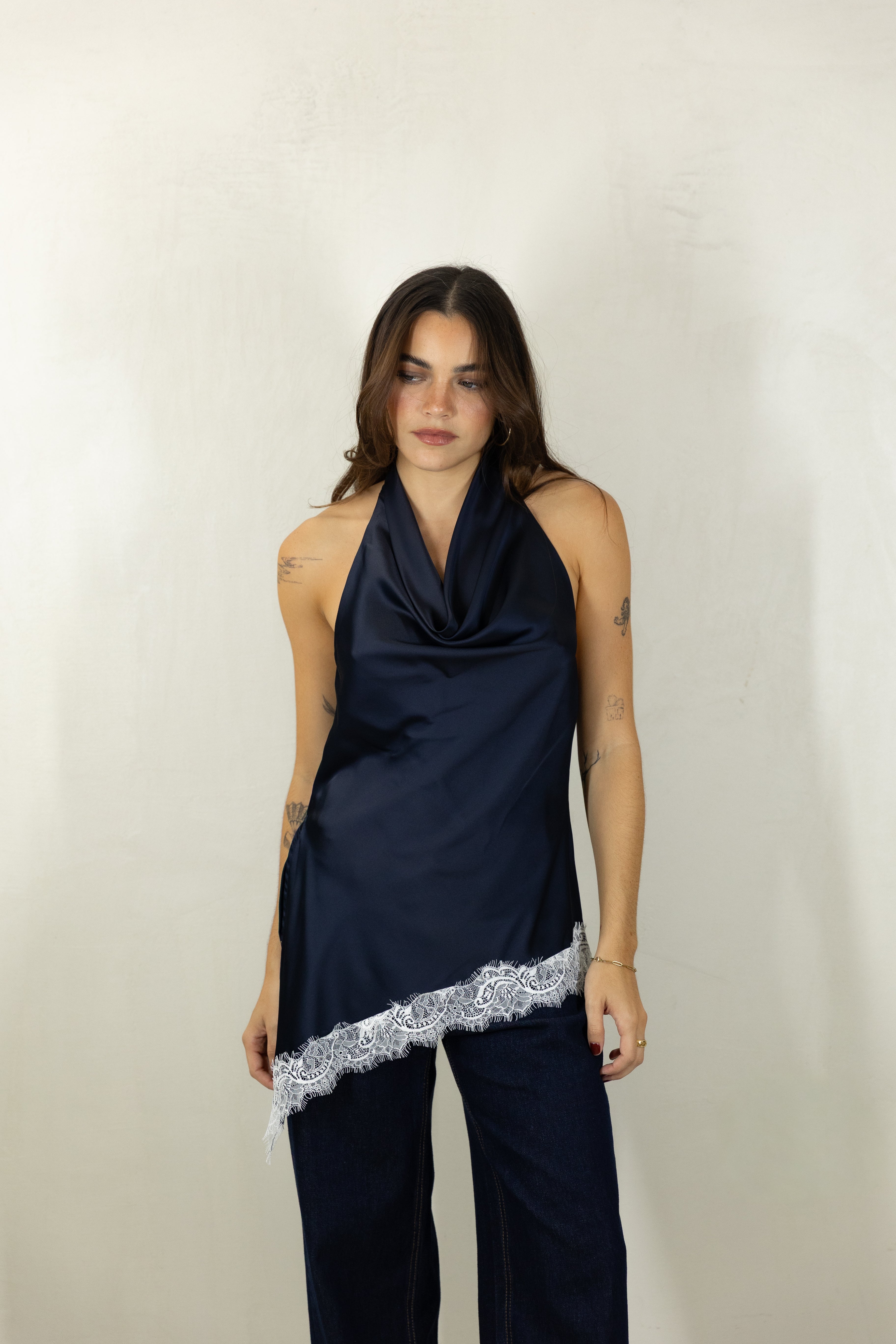Navy Lace Halter Top