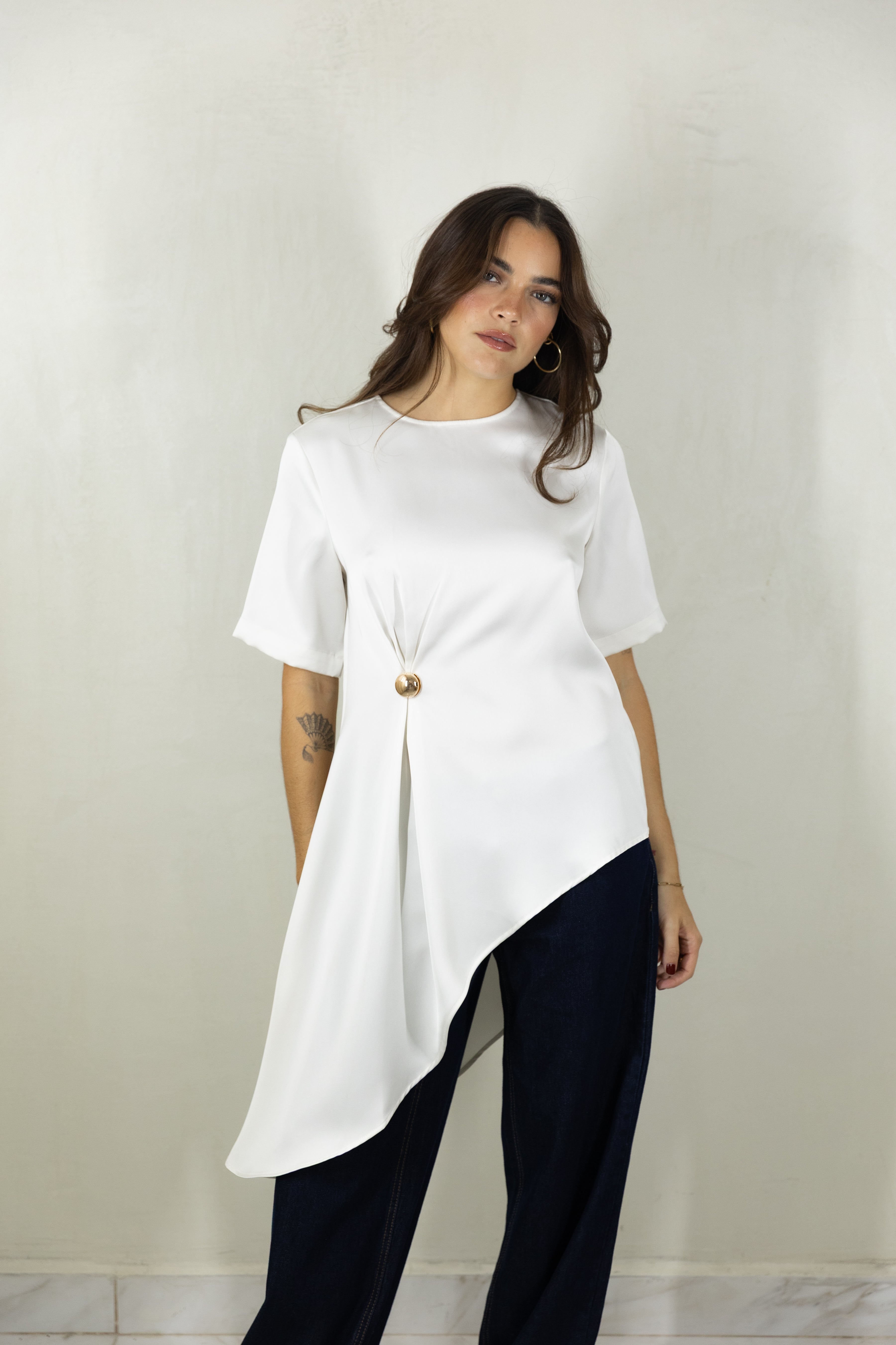 Cream Asymmetric Satin Top