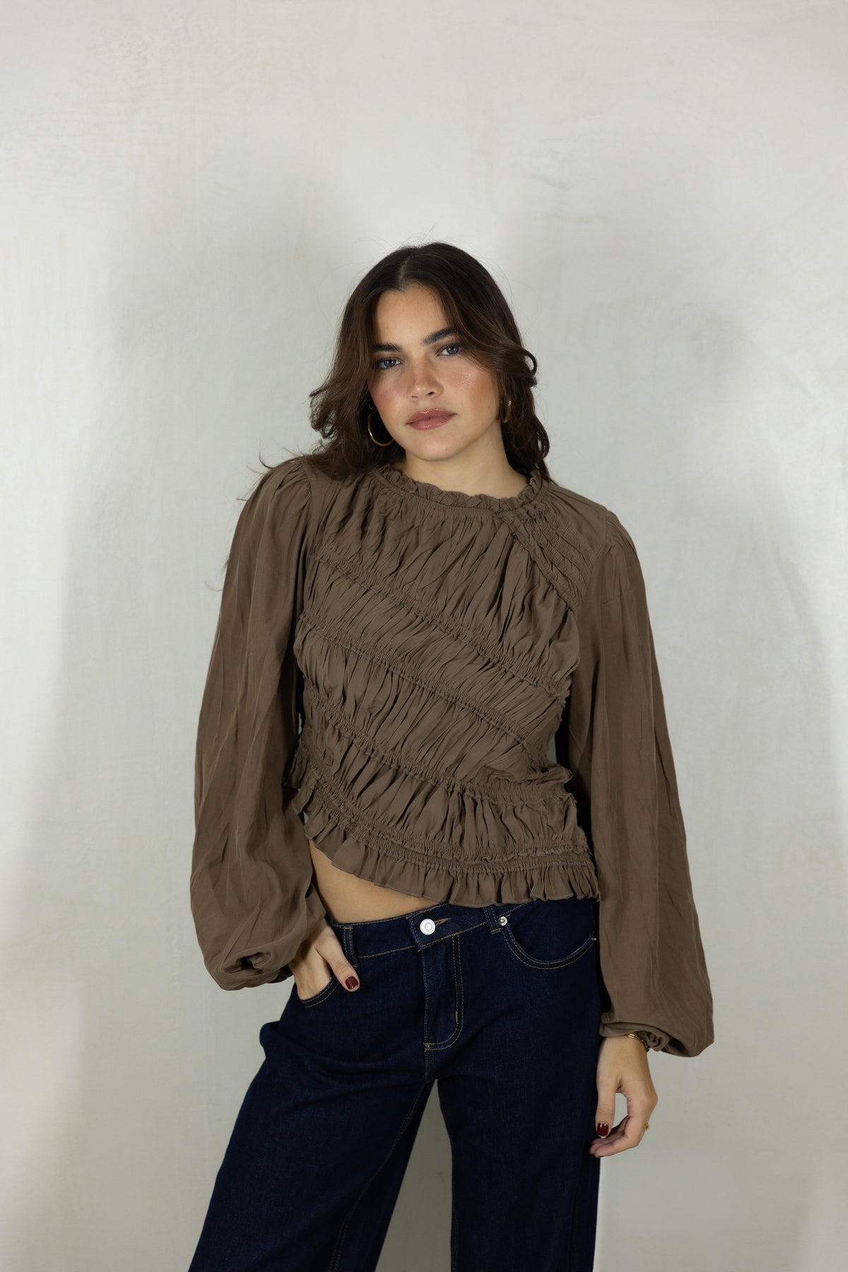 Brown Ruched Ruffle Top