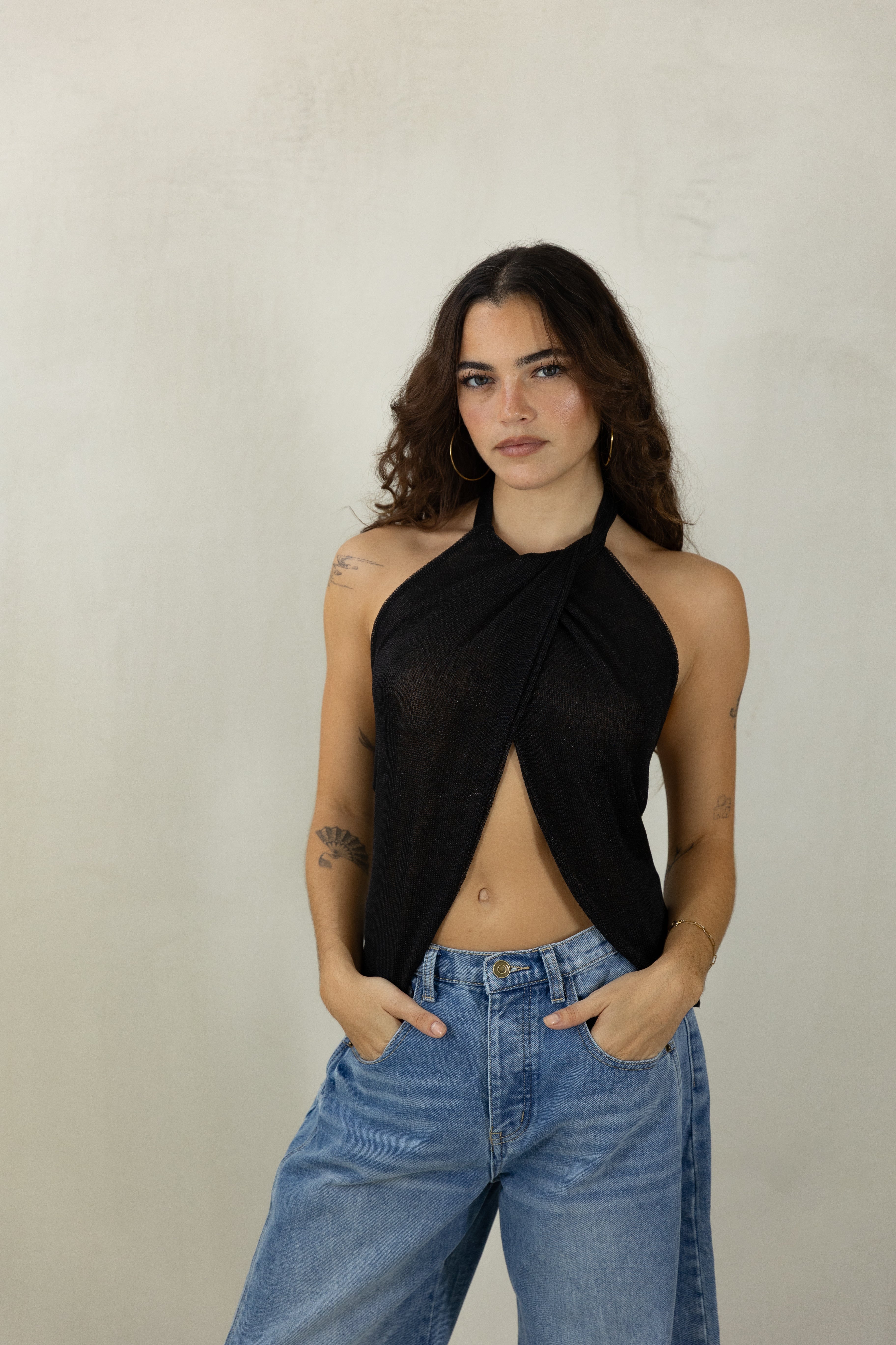 Black Metallic Flyaway Top