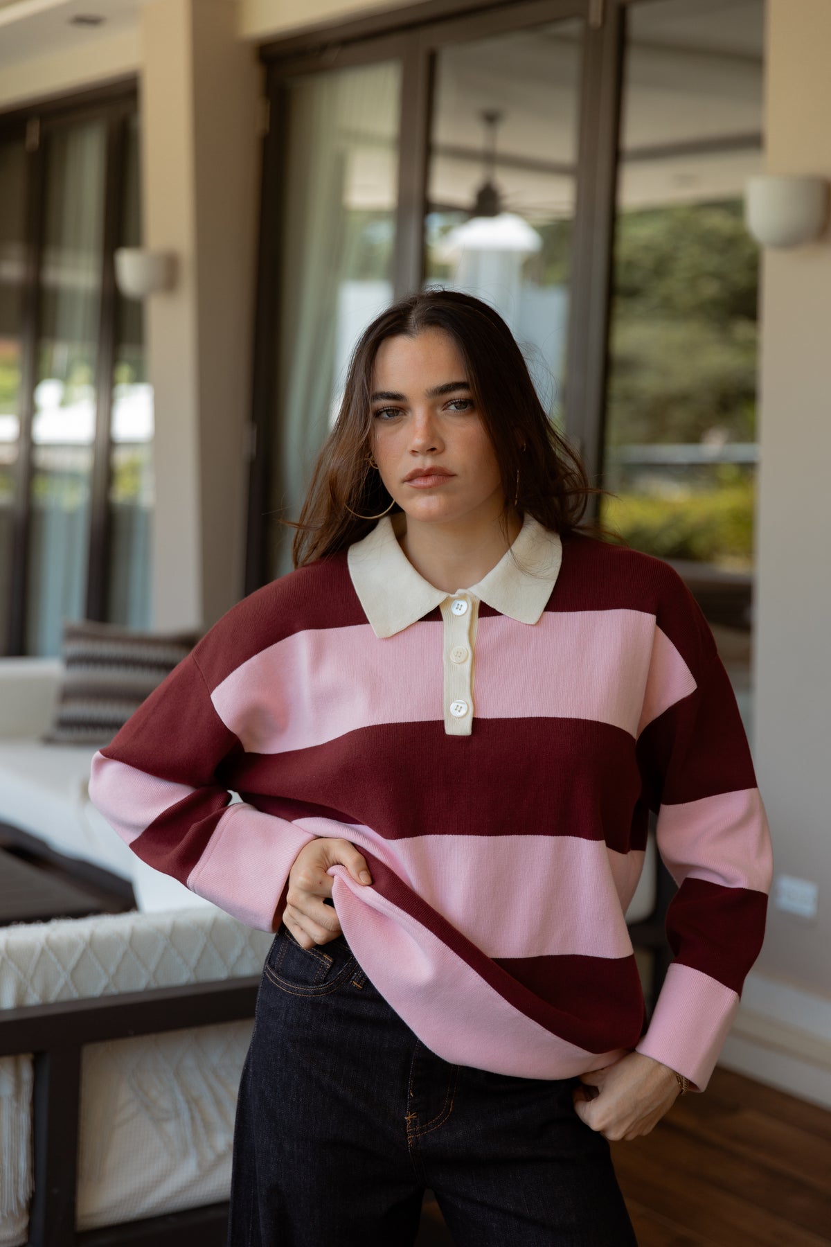 Long Sleeve Stripe Polo Sweater