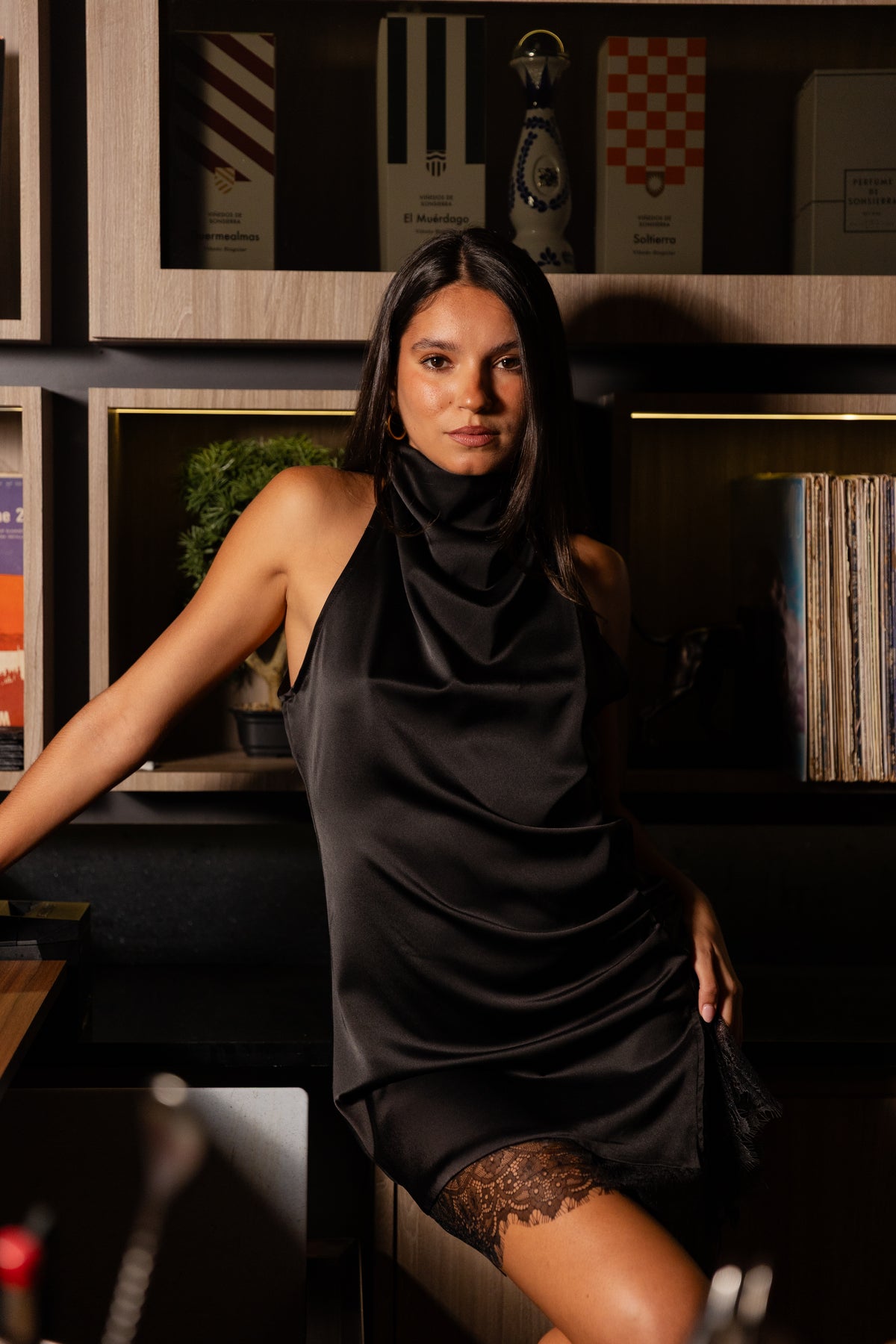 Black Satin Cowl Dress