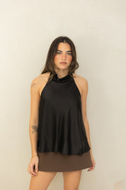 Black Satin Halter Neck Top