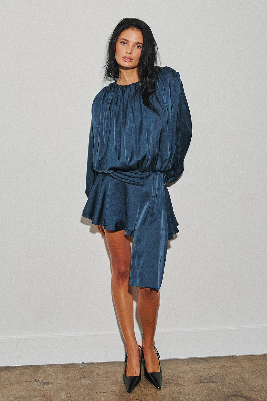 Midnight Shirred Neckline Long Sleeve Mini Dress