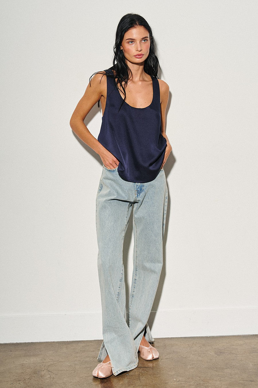 Navy Woven Sleeveless Satin Top