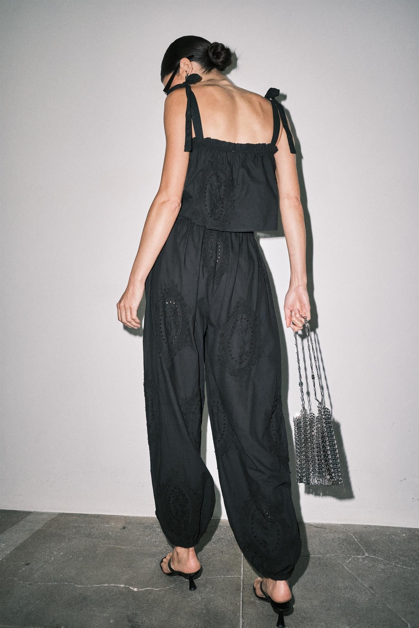Embroidered Balloon Pants — Black