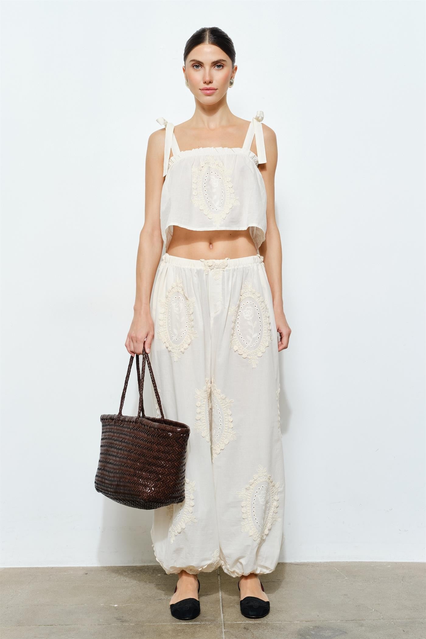 Embroidered Balloon Pants — Natural