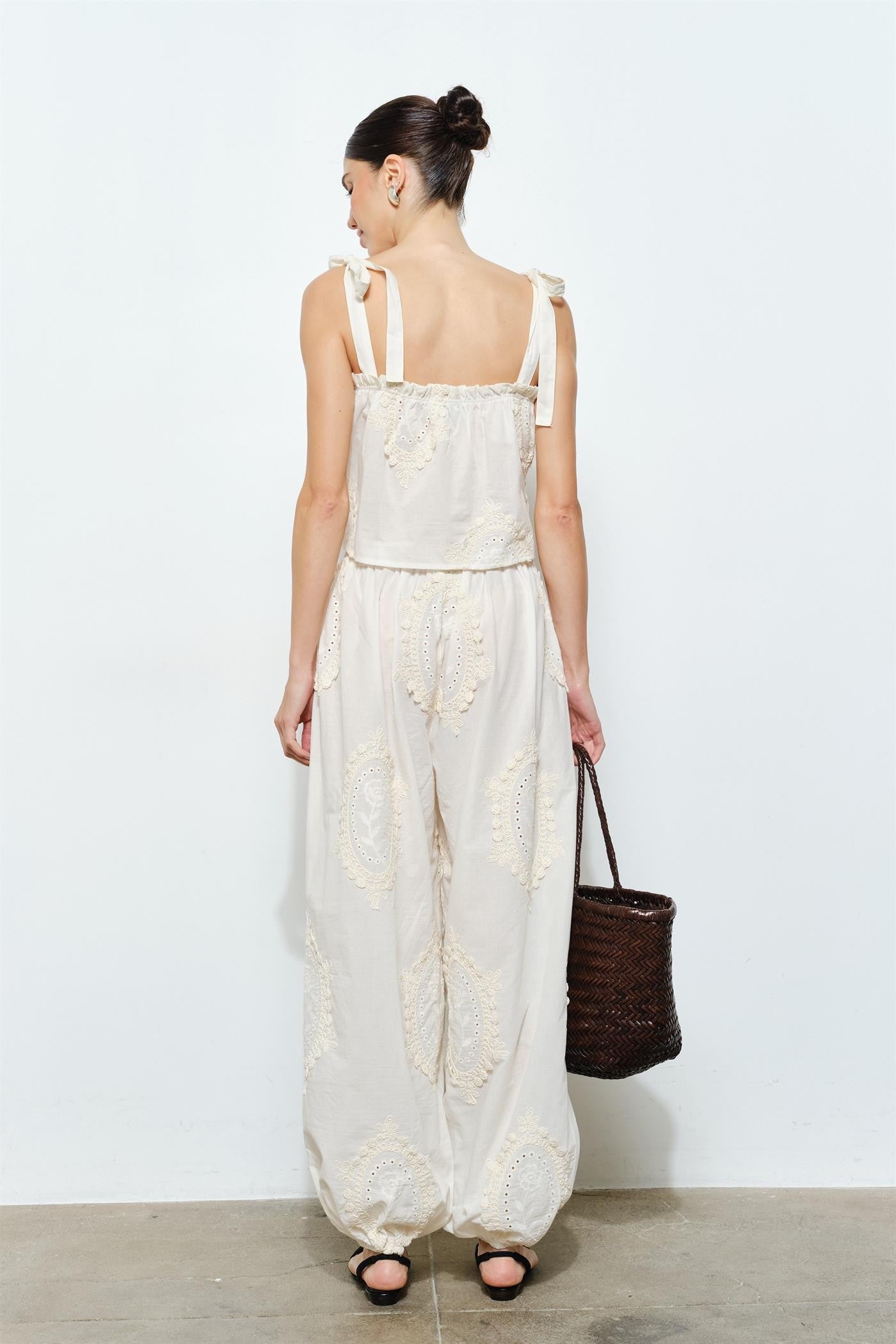 Embroidered Balloon Pants — Natural