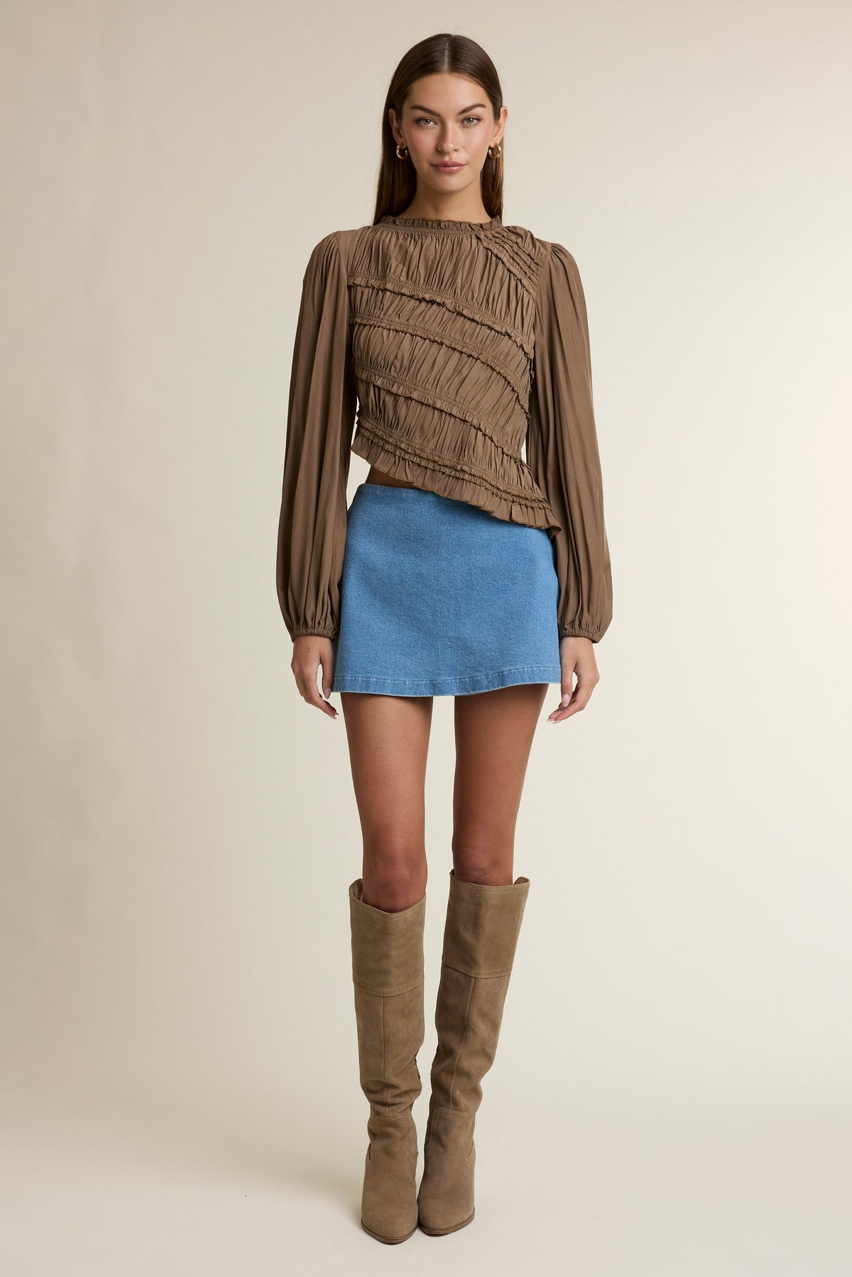 Brown Ruched Ruffle Top — Brown