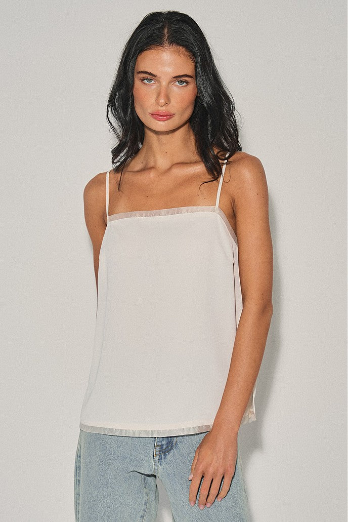 Ecru Organza Trim Satin Camisole — Ecru