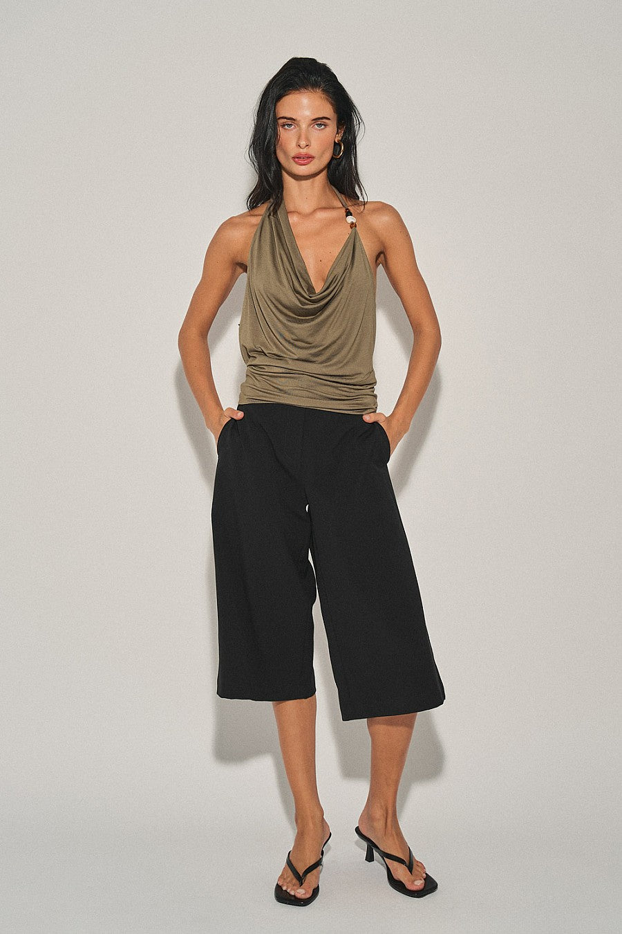 Knit Draped Halter Neck Top — Olive