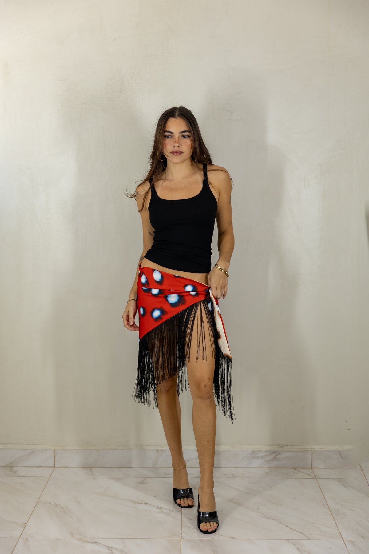 Polka Dot Fringe Skirt — Black/Red