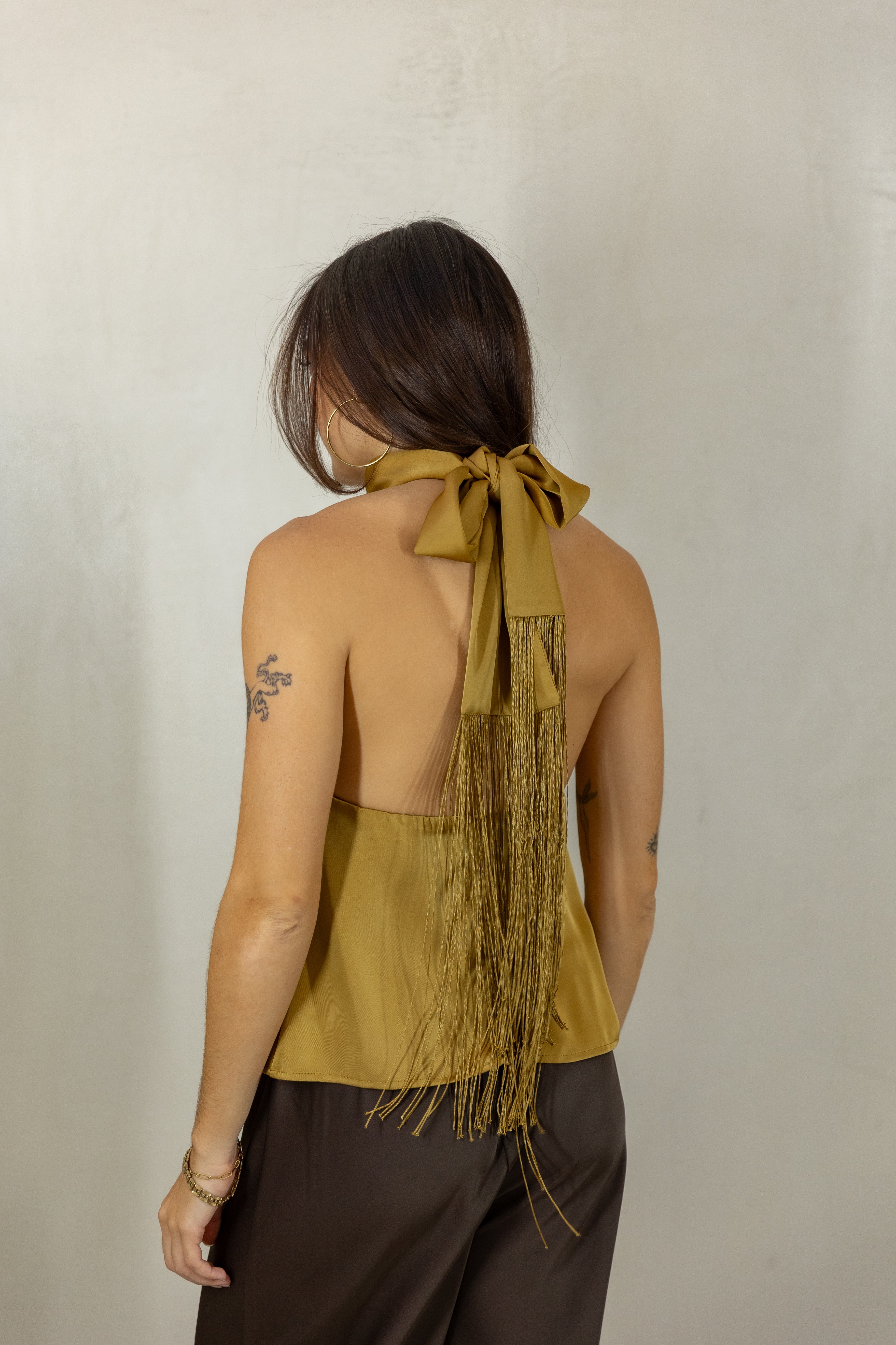 Halter Neck Fringe Top — Gold