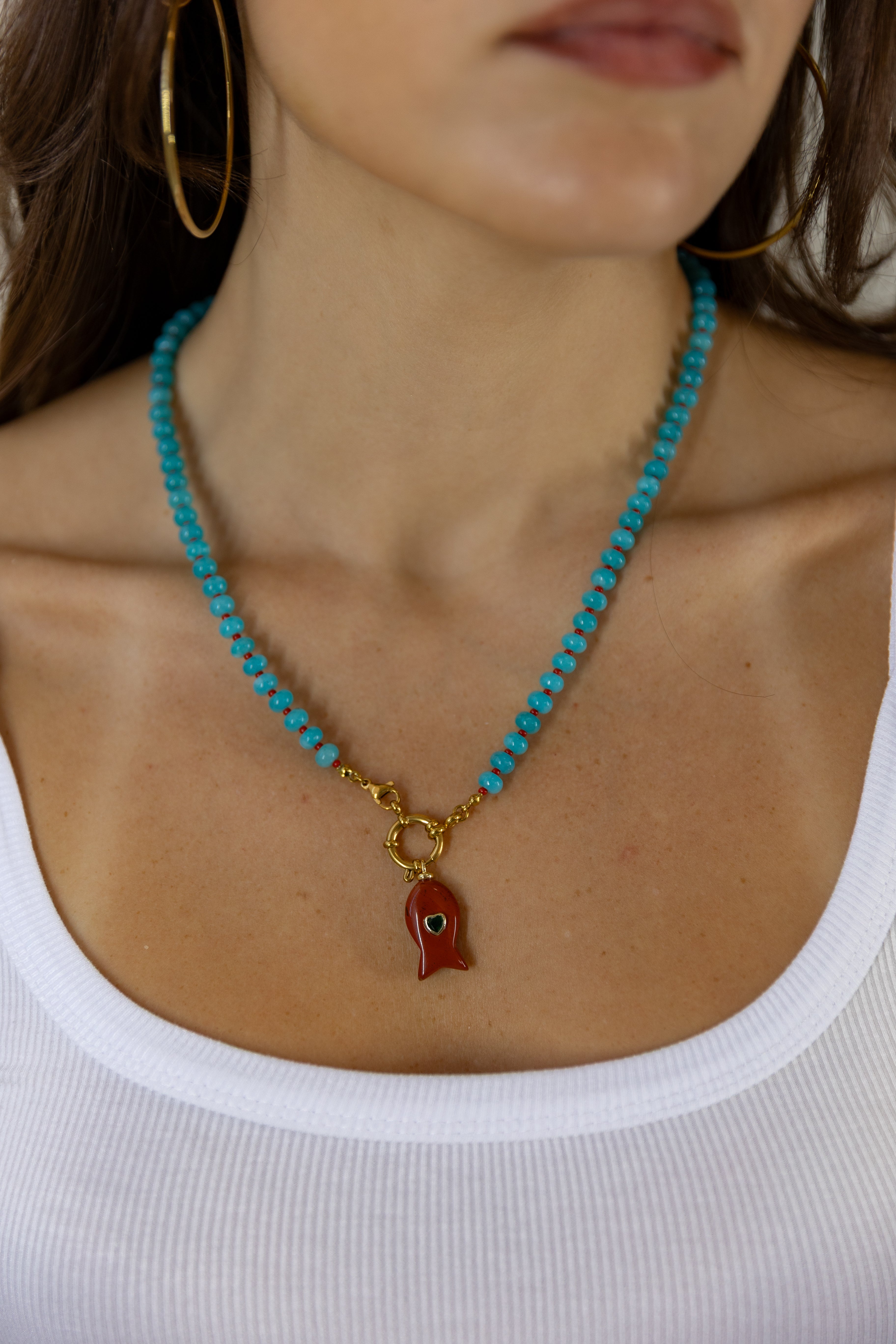 Fish Stone Pendant Necklace — Blue