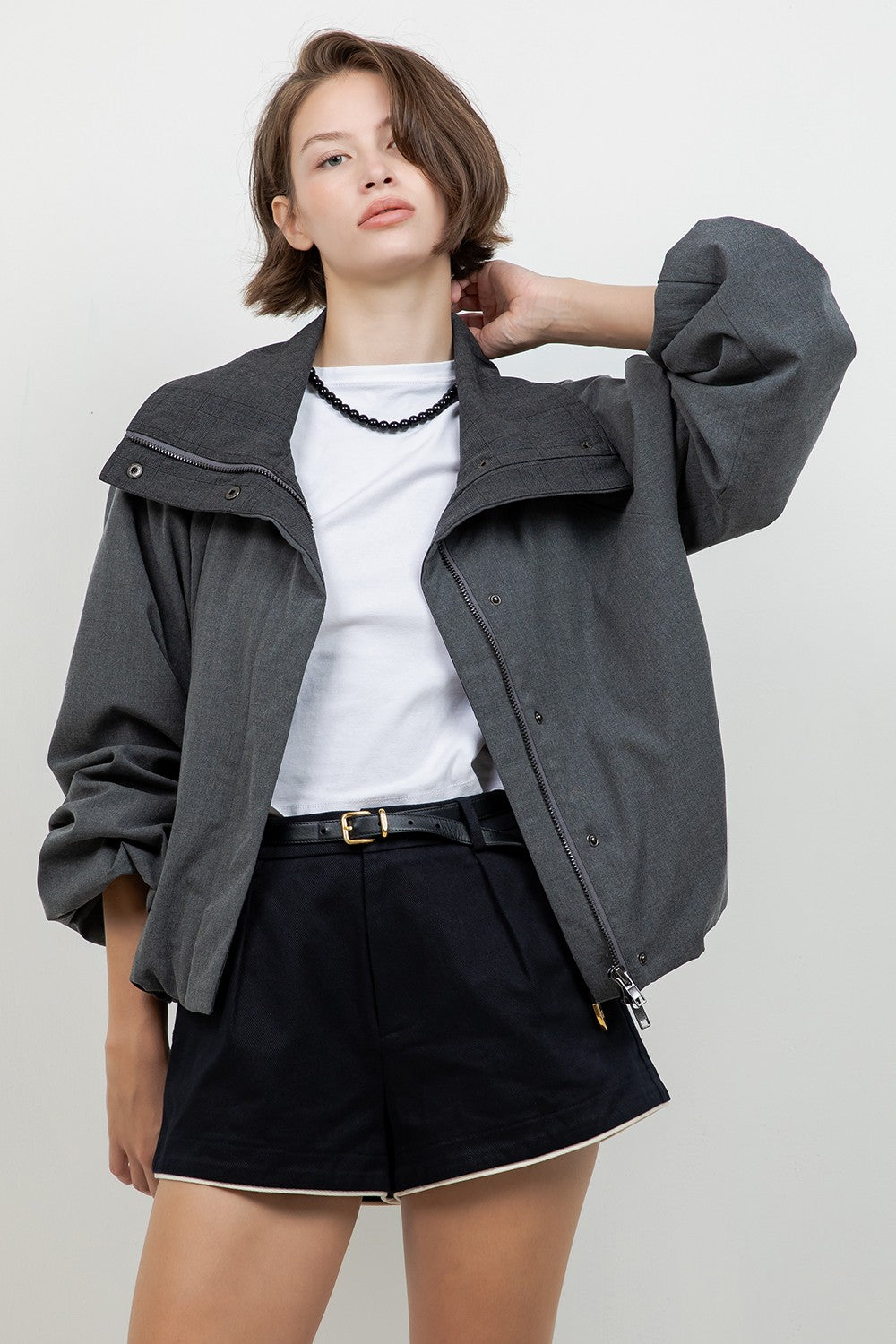 Soft Woven Funnel Neck Bomber Jacket — Charcoal