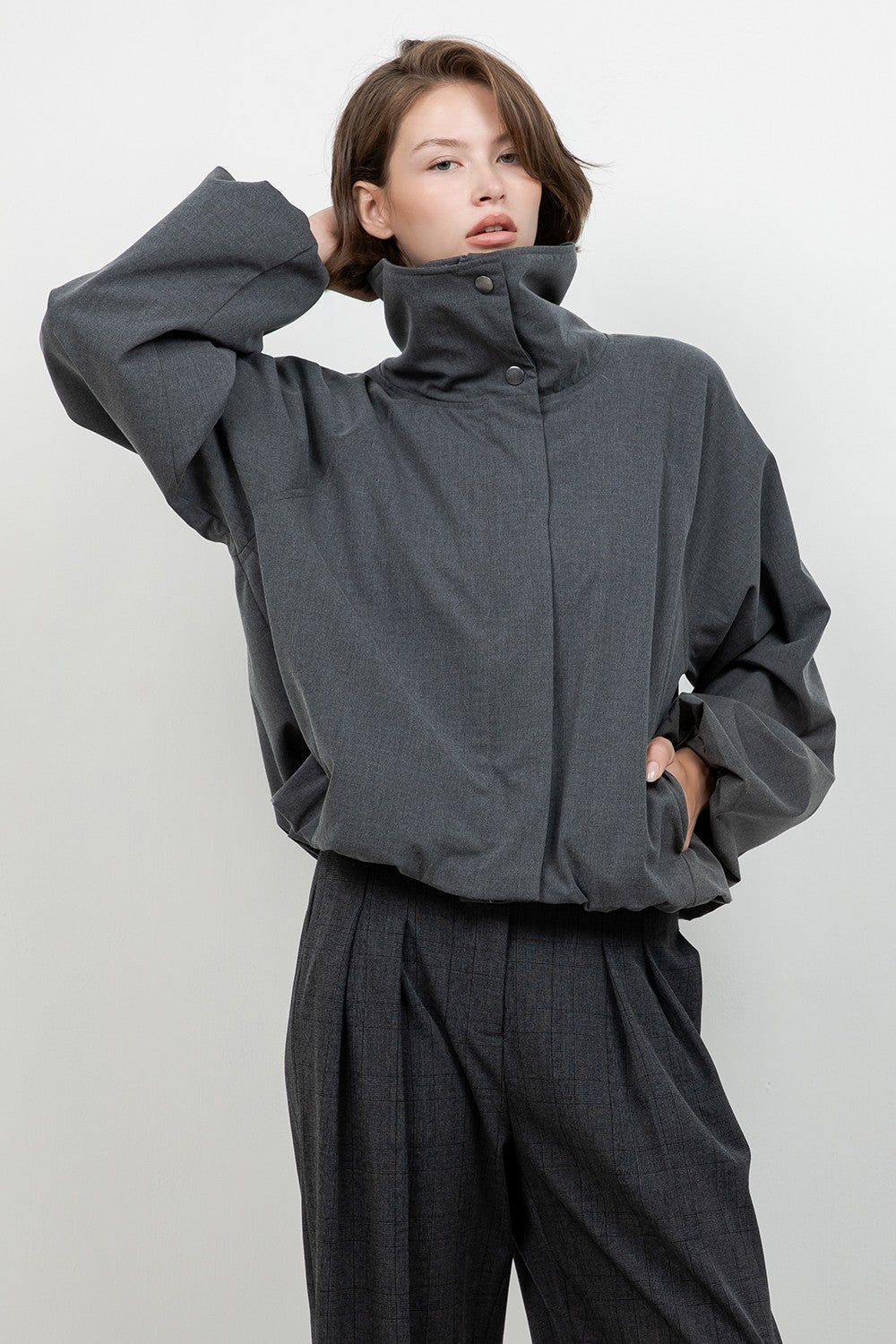 Soft Woven Funnel Neck Bomber Jacket — Charcoal