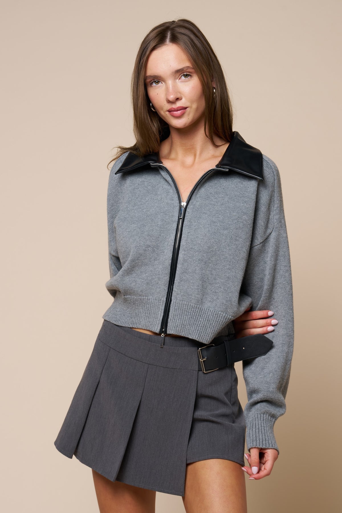 Knit Zip-Up Jacket with Leather Contrast — Ht Grey