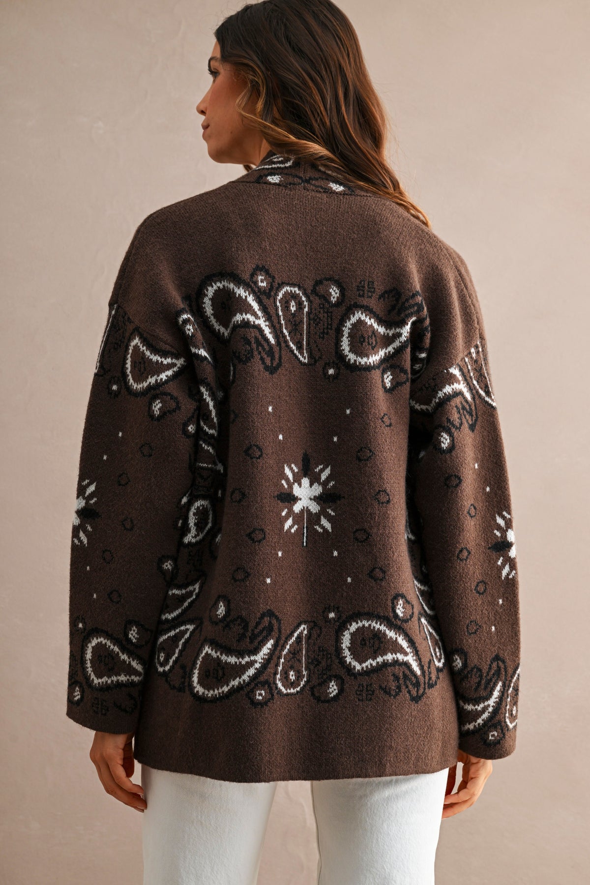 Paisley Pattern Oversized Cardigan — Chocolate Brown