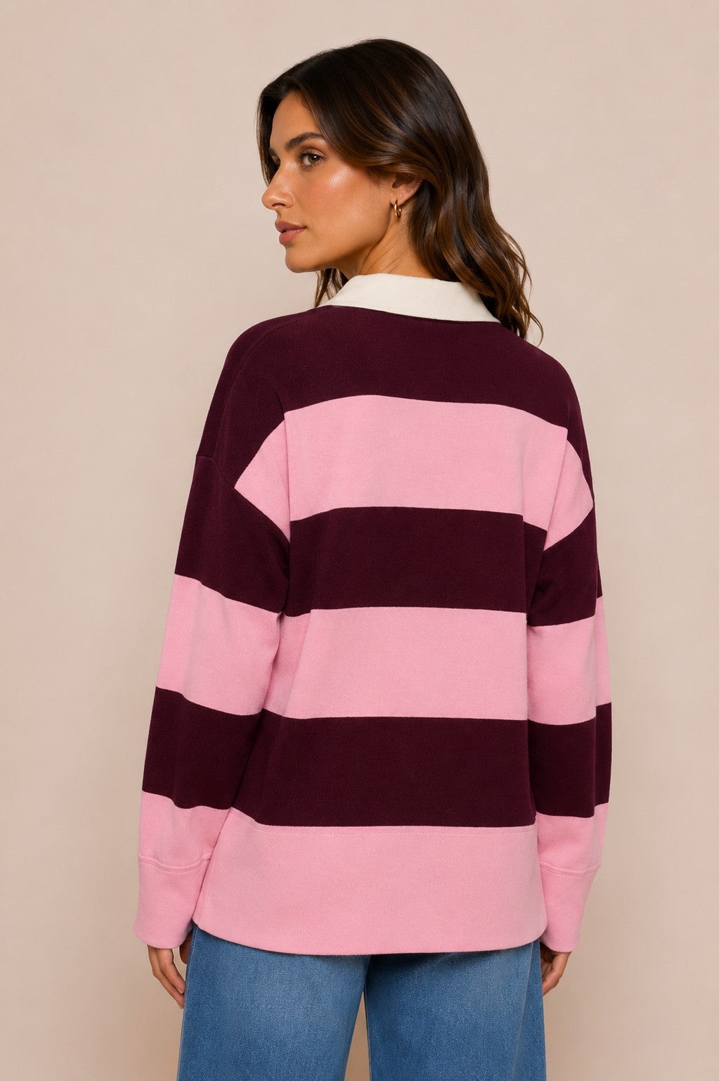 Long Sleeve Stripe Polo Sweater — Pink/Burgundy
