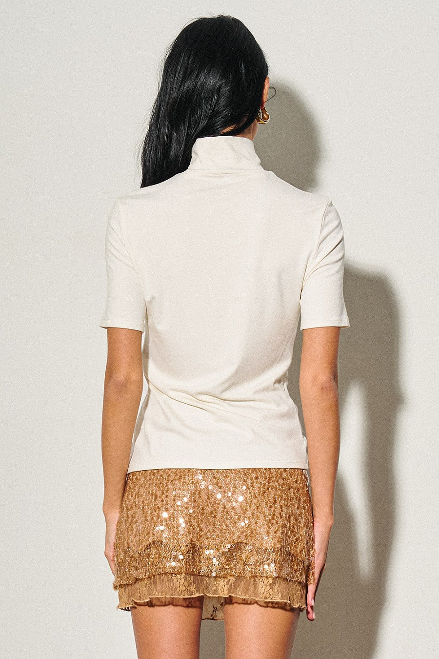 Knit Short Sleeve Mock Neck Top with Silver Trim — Ivory