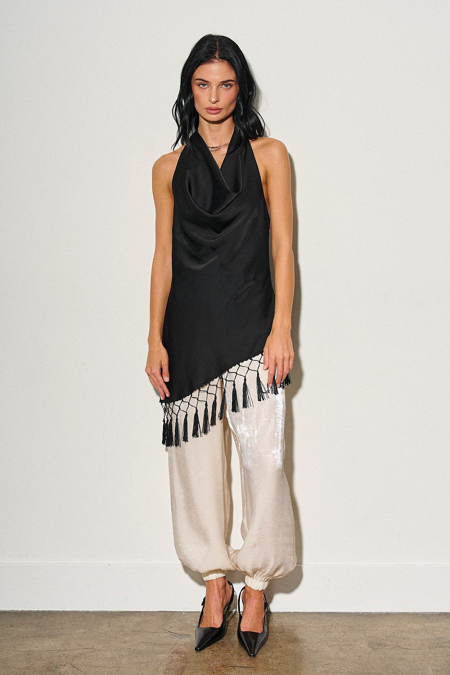 Woven Asymmetrical Fringe Halter Top — Black