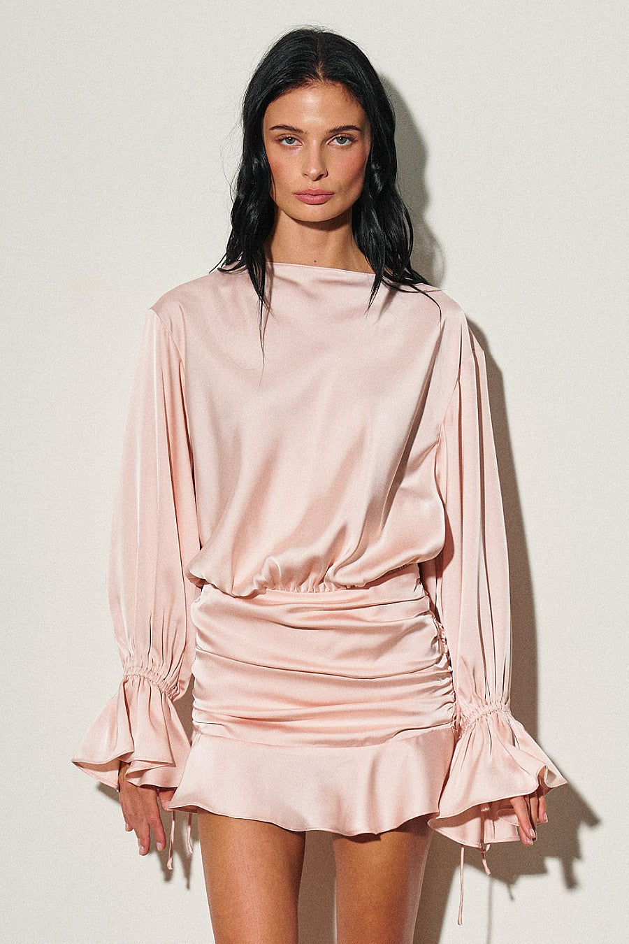 Woven Satin Long Sleeve Dress with Ruffle Details — Blush Pink