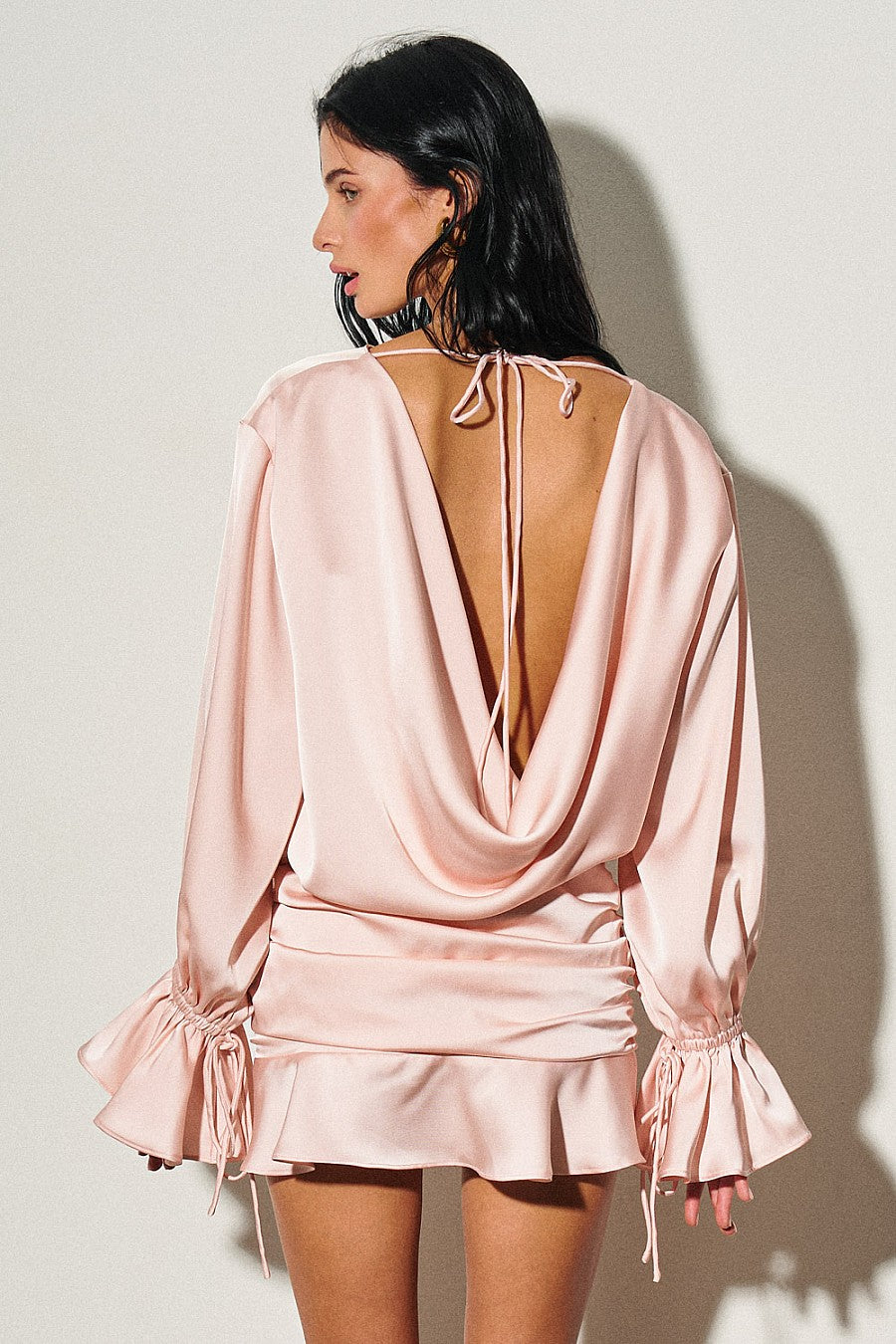 Woven Satin Long Sleeve Dress with Ruffle Details — Blush Pink