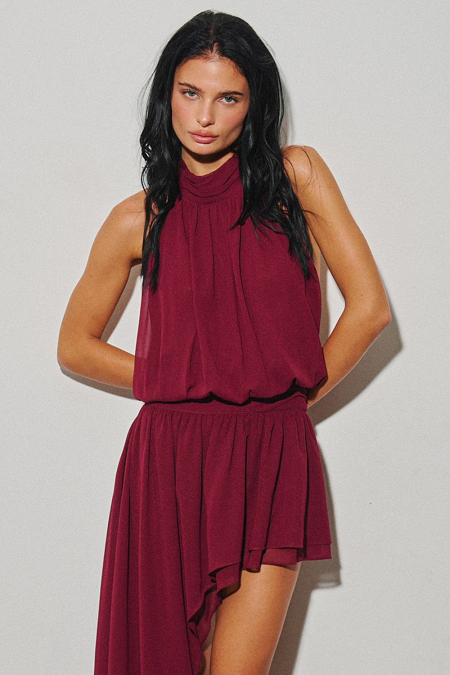 Asymmetric Chiffon Mini Dress — Bordeaux