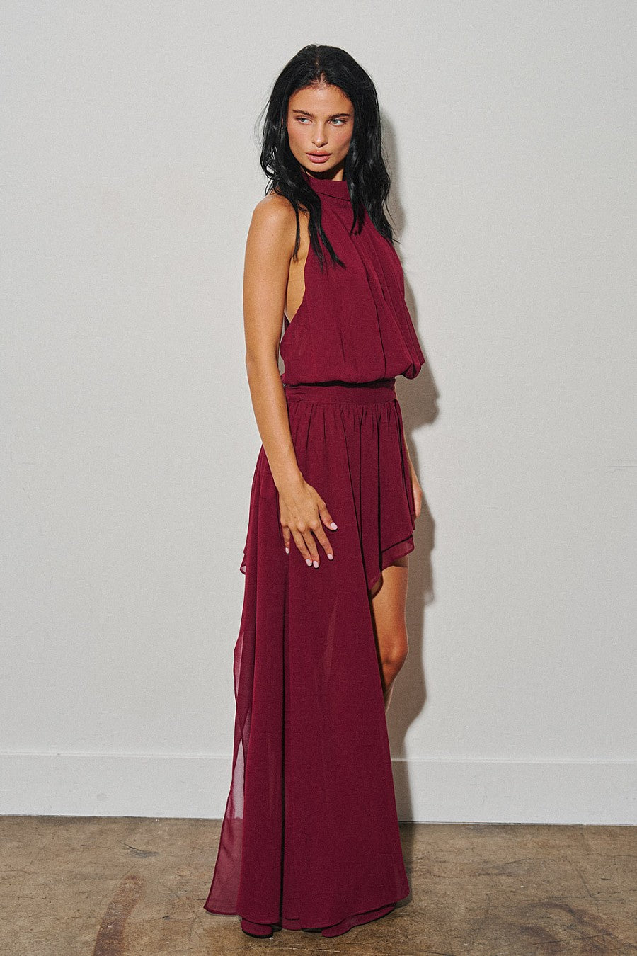 Asymmetric Chiffon Mini Dress — Bordeaux