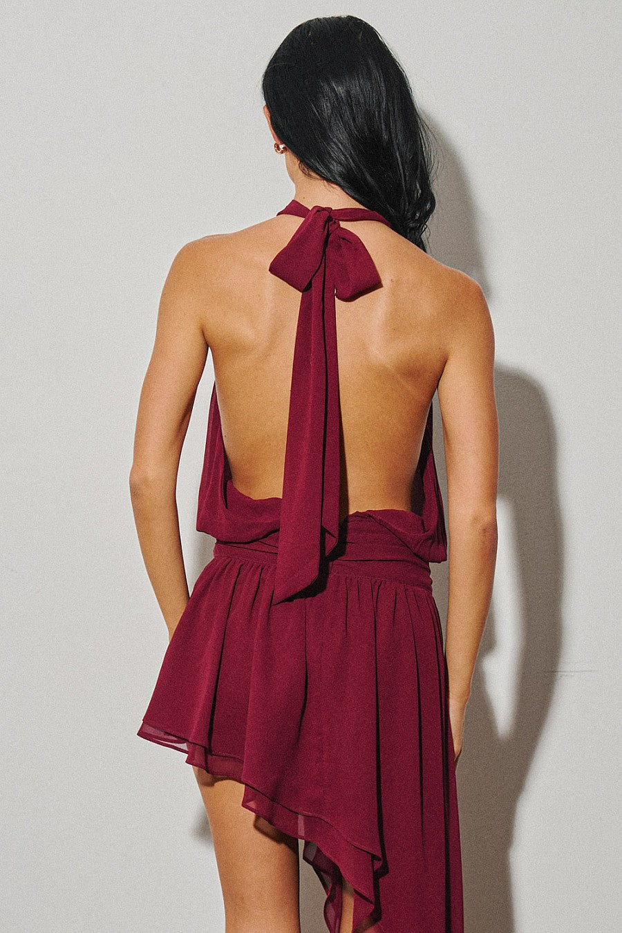 Asymmetric Chiffon Mini Dress — Bordeaux