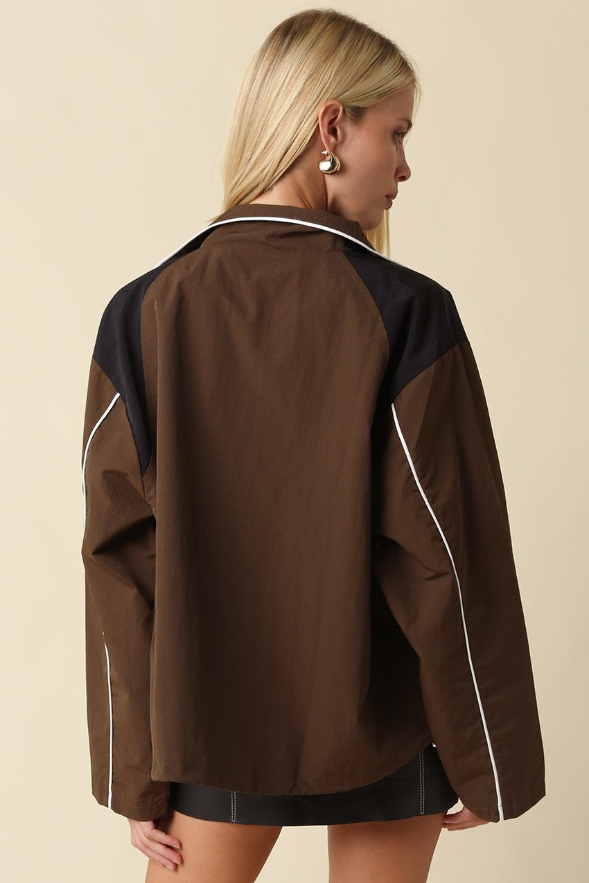 Eloise Contrast Panel Zip-Up Jacket — Brown Black