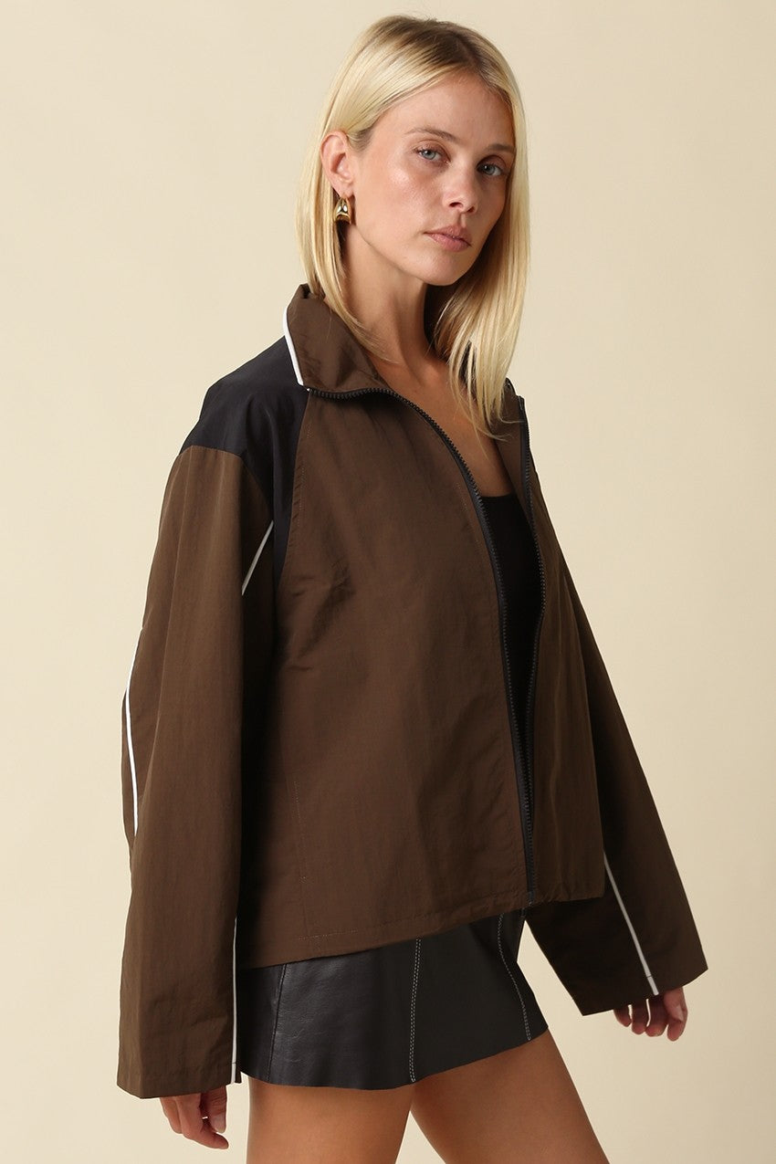 Eloise Contrast Panel Zip-Up Jacket — Brown Black