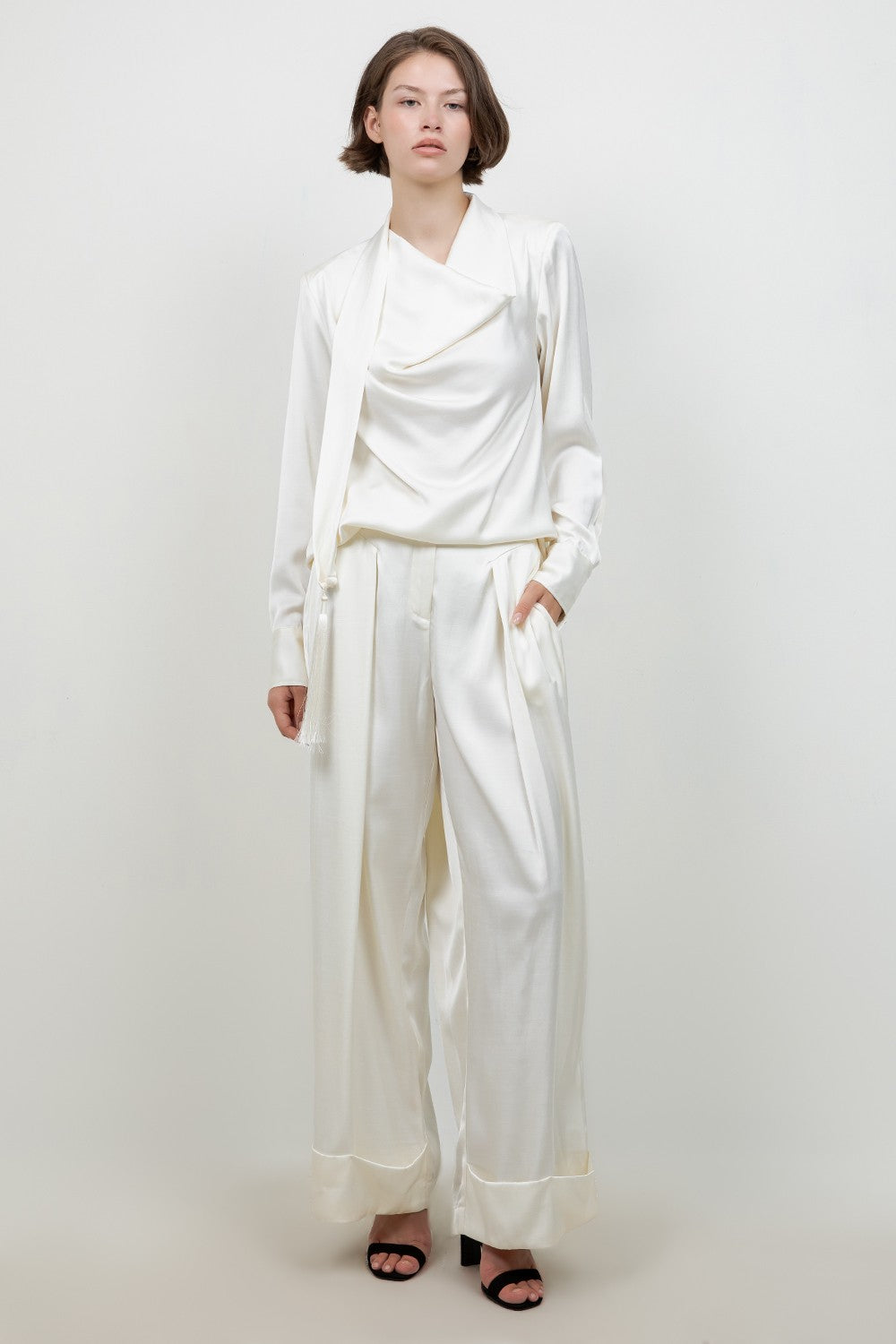 Soft Woven Multi Pleat Accent Trousers — Ivory