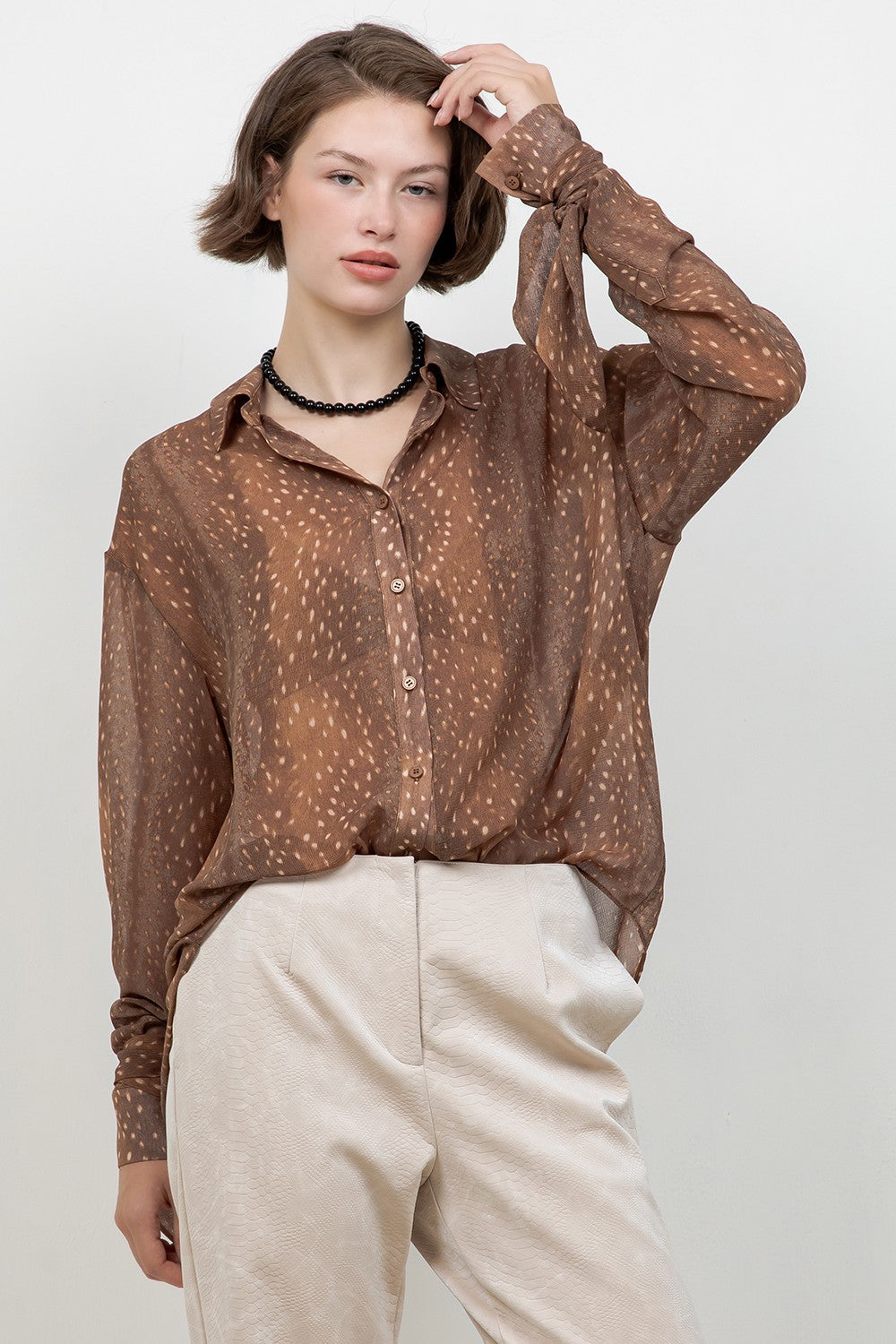 Bambi Print Soft Woven Button Down Shirt — Brown Bambi