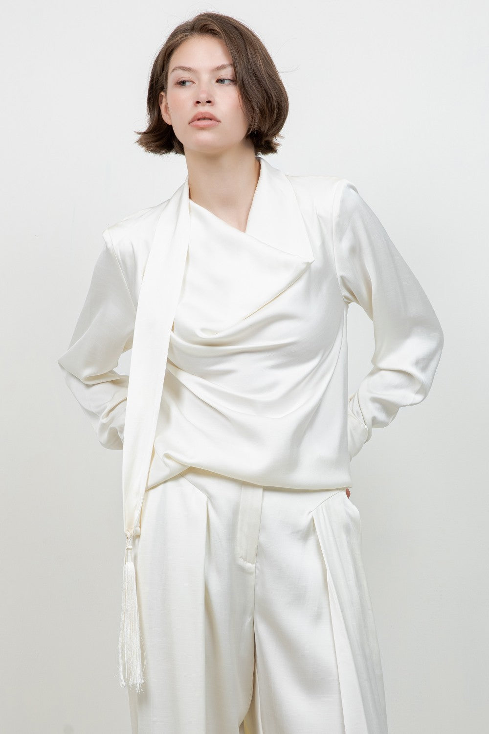 Soft Woven Blouse with Attached Tassel Trim Scarf — Ivory