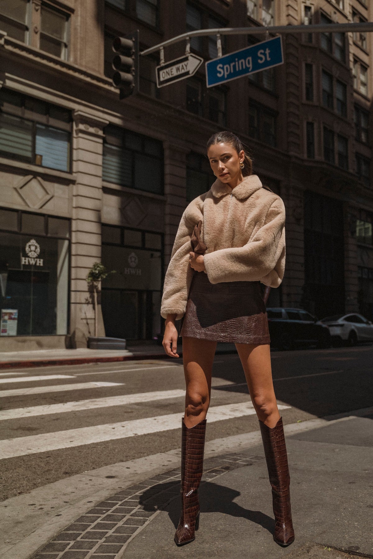 Faux Croc Skin Leather Mini Skort — Chocolate Brown