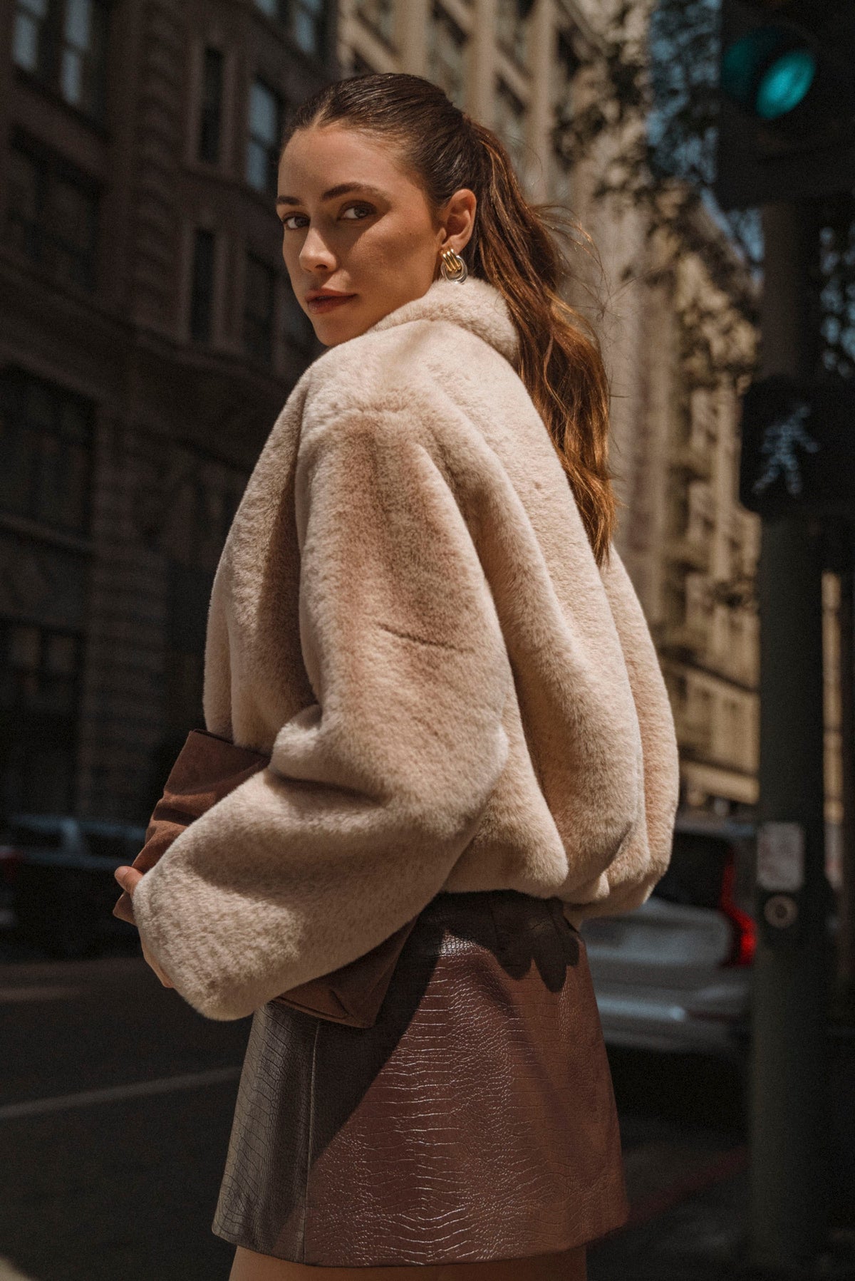 Faux Fur Pleated Cropped Jacket — Lt Mocha