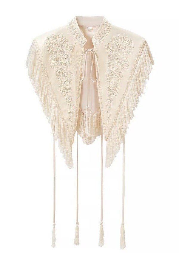 Embroidered Fringed Cape — Off White