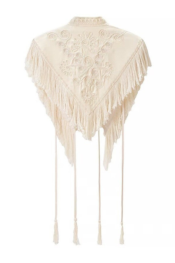 Embroidered Fringed Cape — Off White