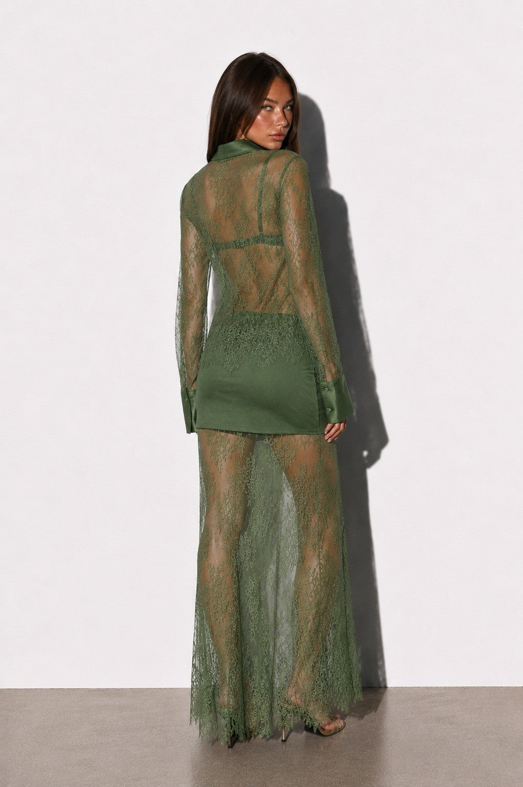 Scallop Floral Lace Top, Maxi Skirt & Bralette 3-Piece Set — Olive