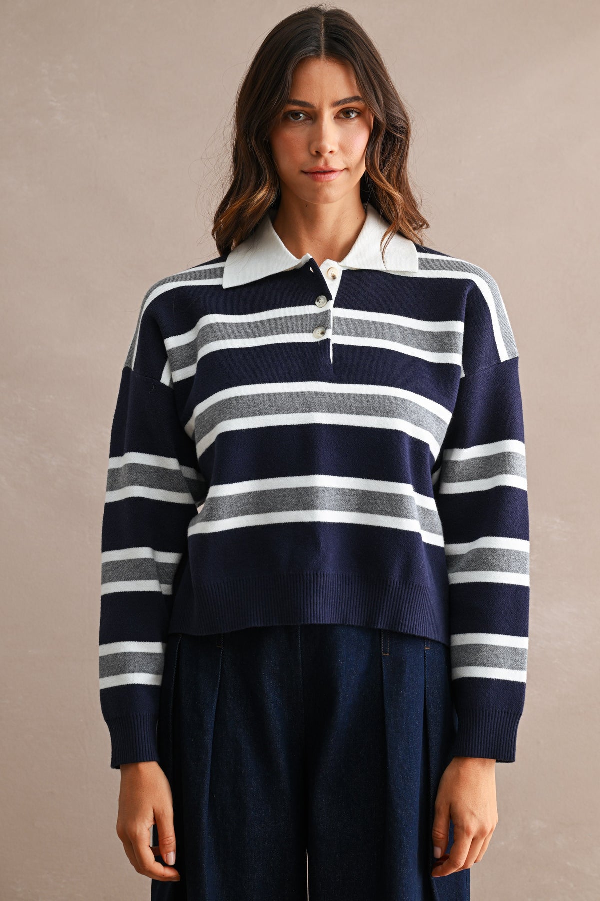 Striped Collar Oversized Sweater Top — Navy