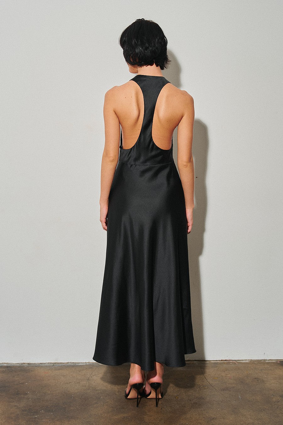 Woven Racerback Bias Satin Maxi Dress — Black