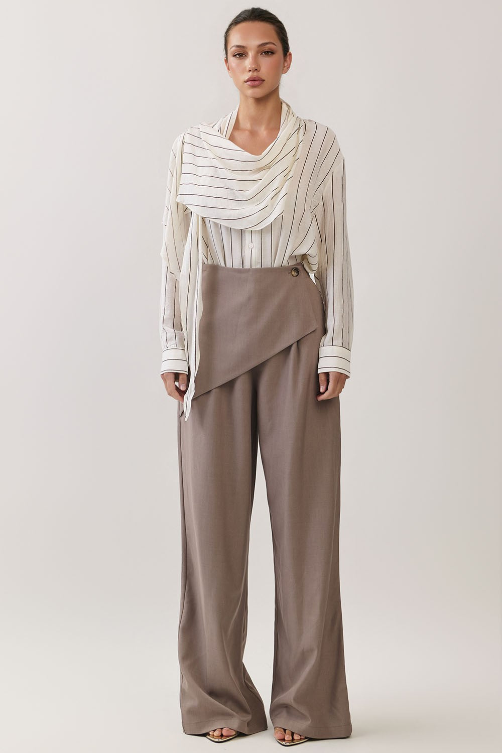 Asymmetric Wrap Detail Wide Leg Pants — Dune