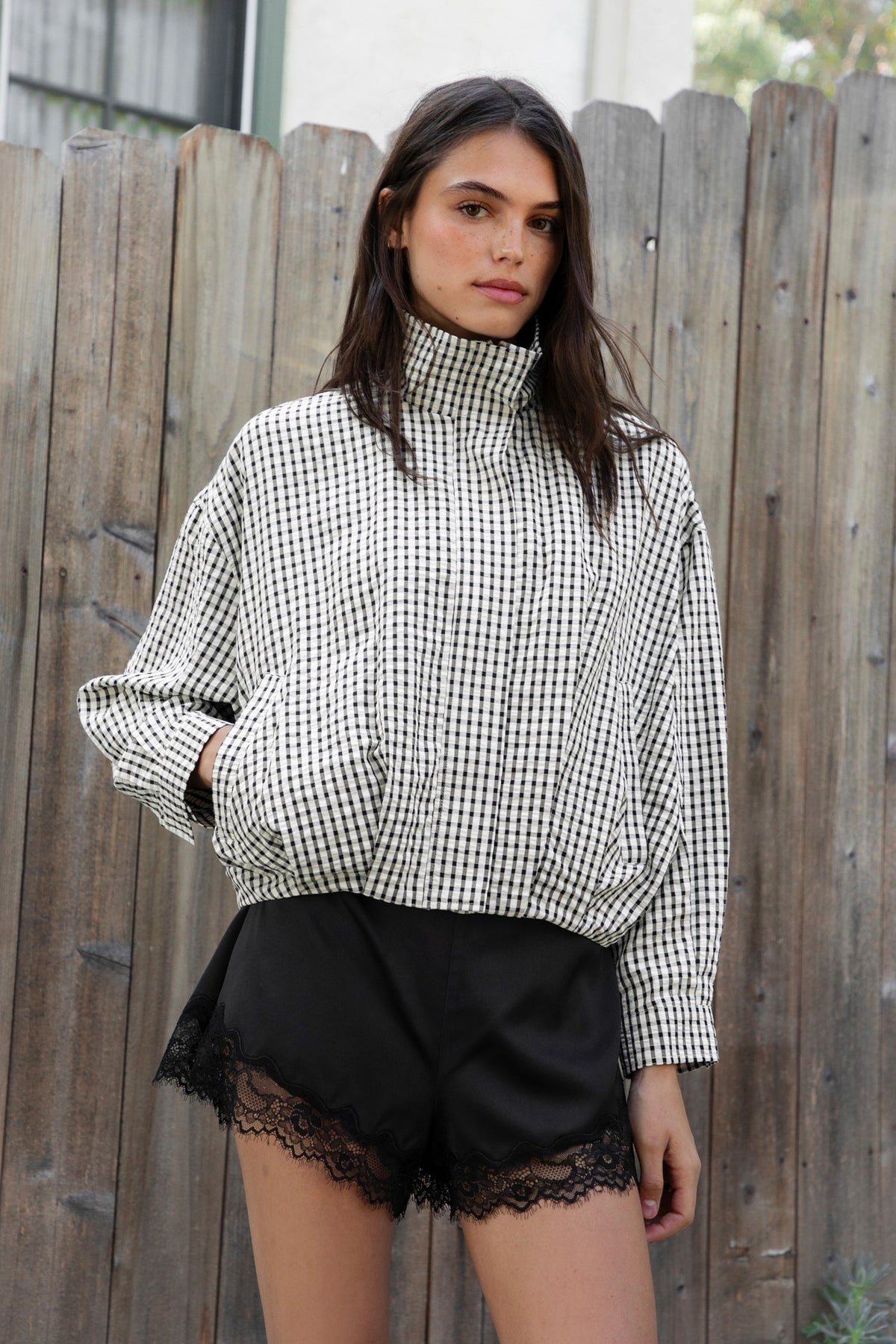 Margot Plaid Gingham Zip-Up Bomber Jacket — Cream Black