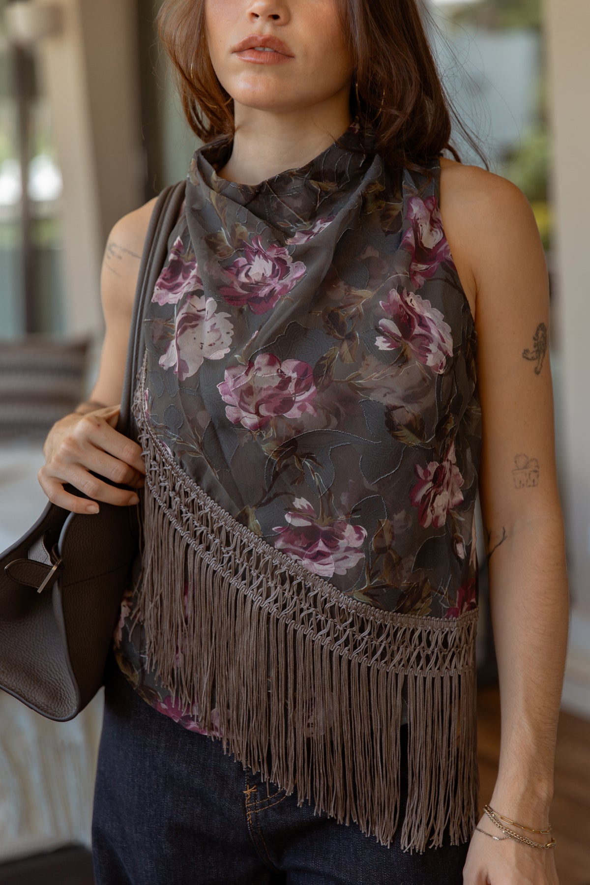 Fringe Cowl Neck Tank Top — Ash Brown