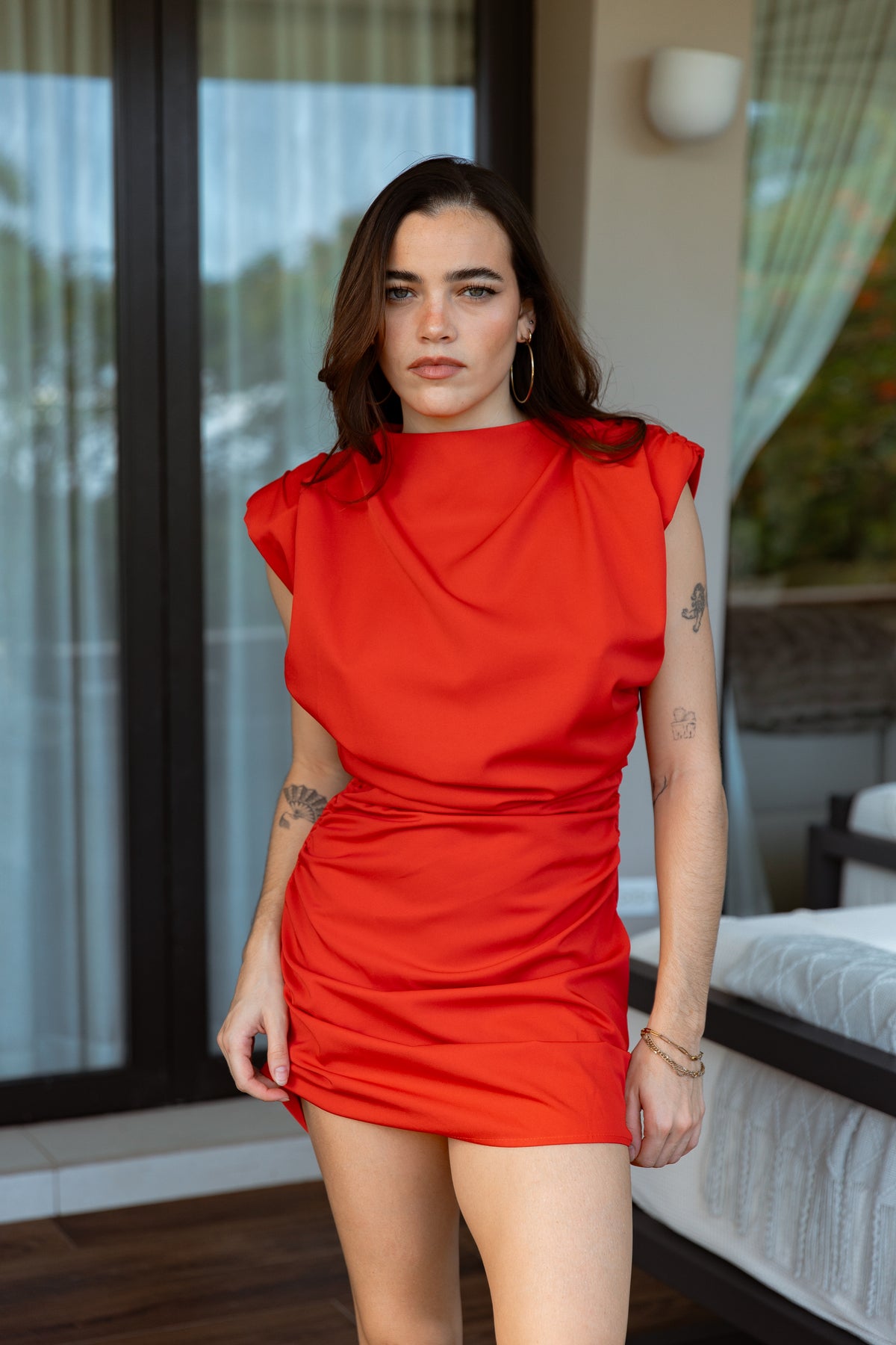 Draped Mini Dress — Red