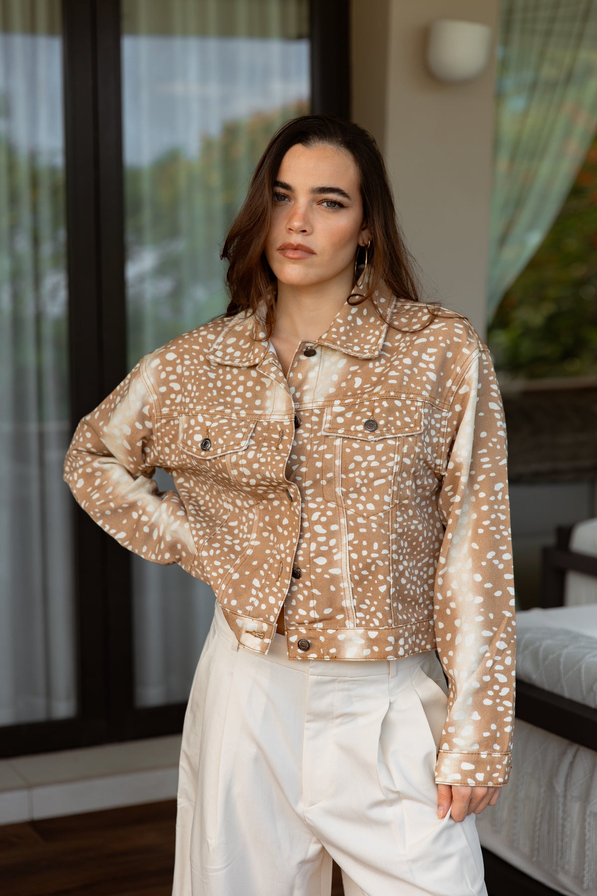 Deer Printed Cropped Denim Jacket — Camel